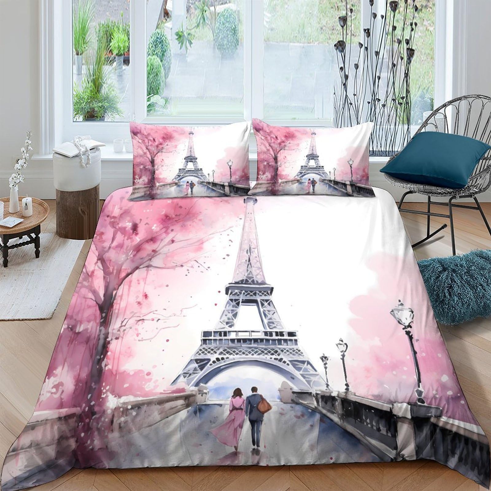 XFKLYNVCJ 3D Printed Paris romance Duvet Cover Durable Fabric watercolor romantic scene Bed Cover Wrinkle Free Fade Resistant Quick Drying Hypoallergenic for Family Home Use Double（200x200cm）