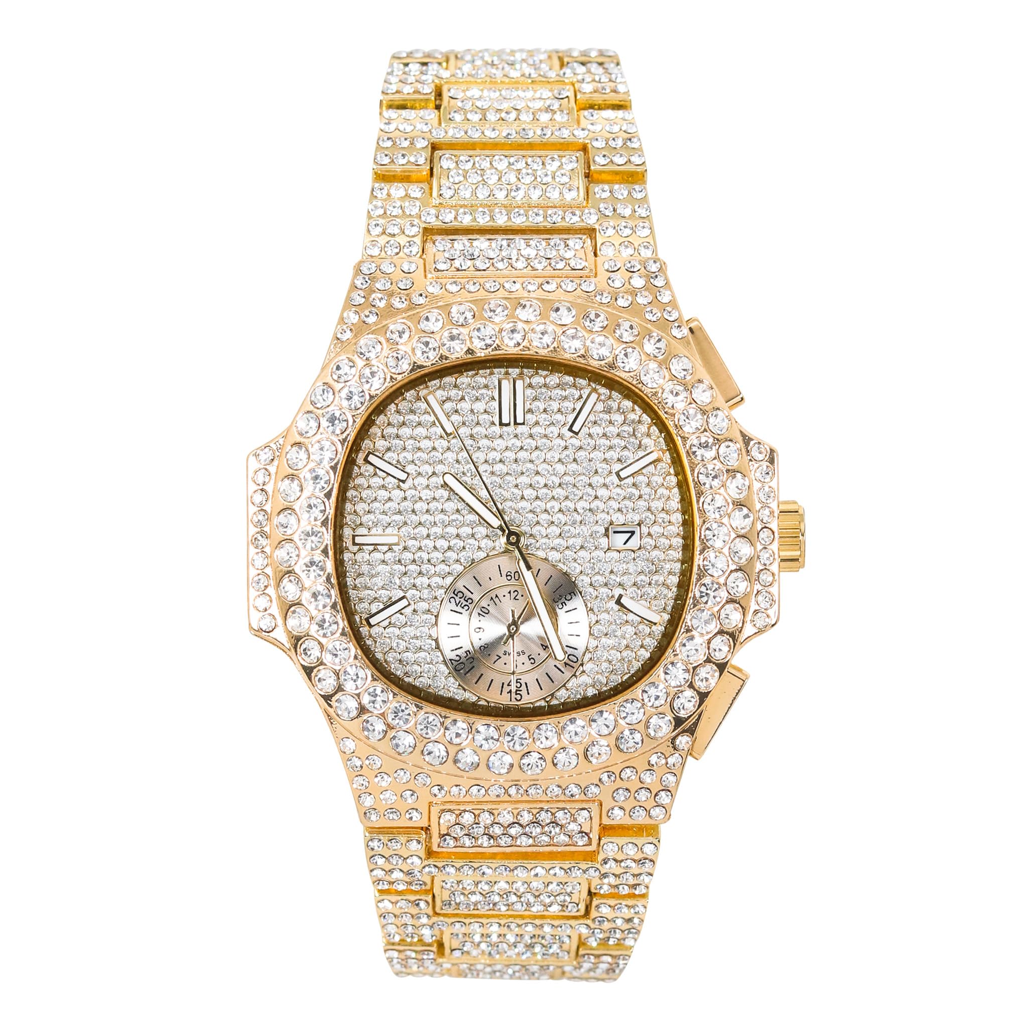 Techno Pave Men's 43mm Fully Iced Out Watch - Luxury Hip-Hop Style, Quartz Movement - Gold Finish
