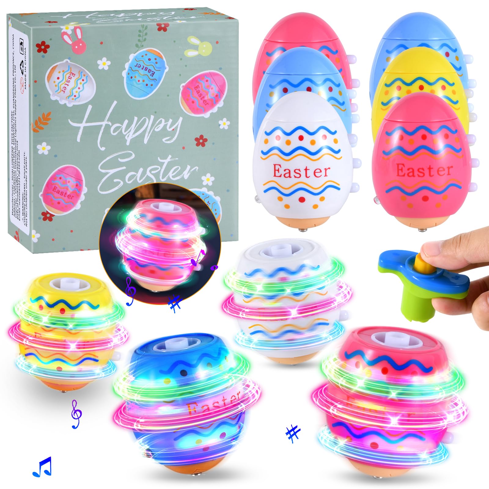 Easter Eggs Toys, 6 Easter Egg Spinning Tops with Flash & Music, Easter Basket Stuffers, Light Up Toys, Plastic Easter Eggs, Easter Basket Stuffers Toys Gifts for Kids Boys Girls