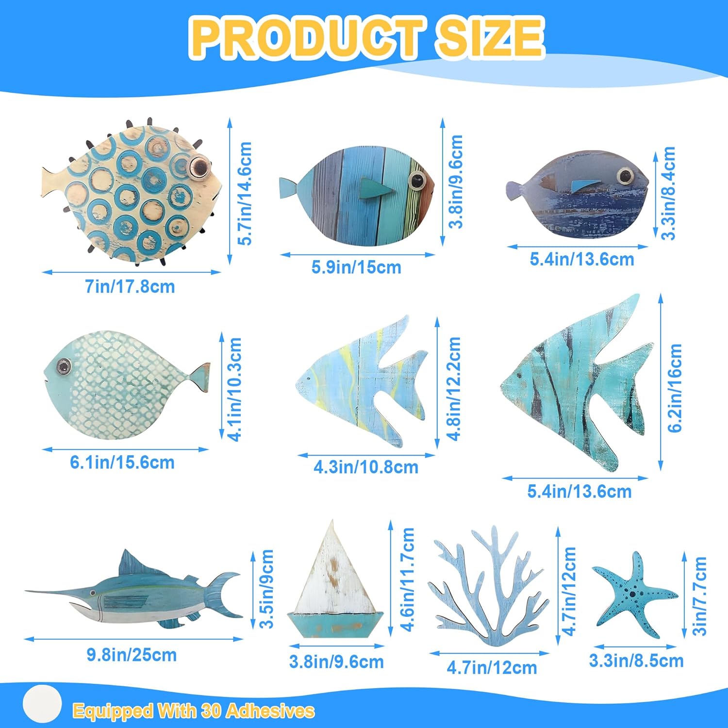 Simaixing 10 Pieces Fish Wall Decor Coastal Theme Wooden Beach House Decor with Adhesive Lake House Wall Art Gift for Home Nautical Fish Art Ornament for Living Room Bathroom (Blue) - Image 2