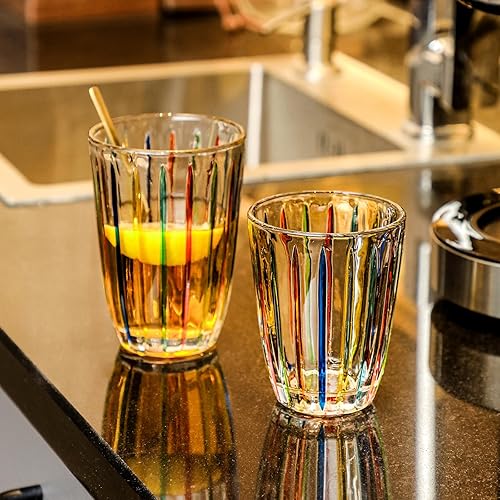 Miniatura 5 de G Vasos de whisky de vidrio pintados a mano, 7.4 onzas de vidrio de estilo antiguo con patrones de tiras multicolores, vasos para beber de colores