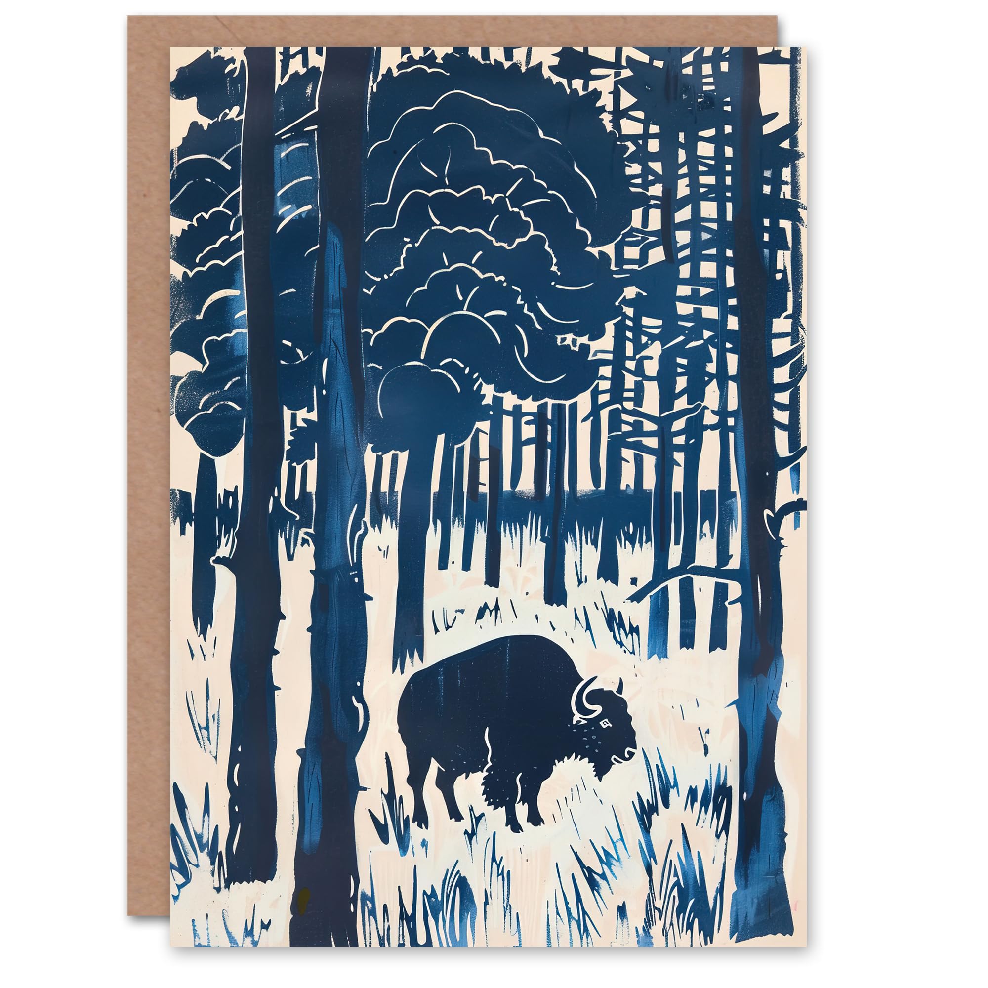 Artery8 Greeting Card Bison Grazing in Forest Blue Landscape Painting Blank For Him Or Her Art Birthday Card