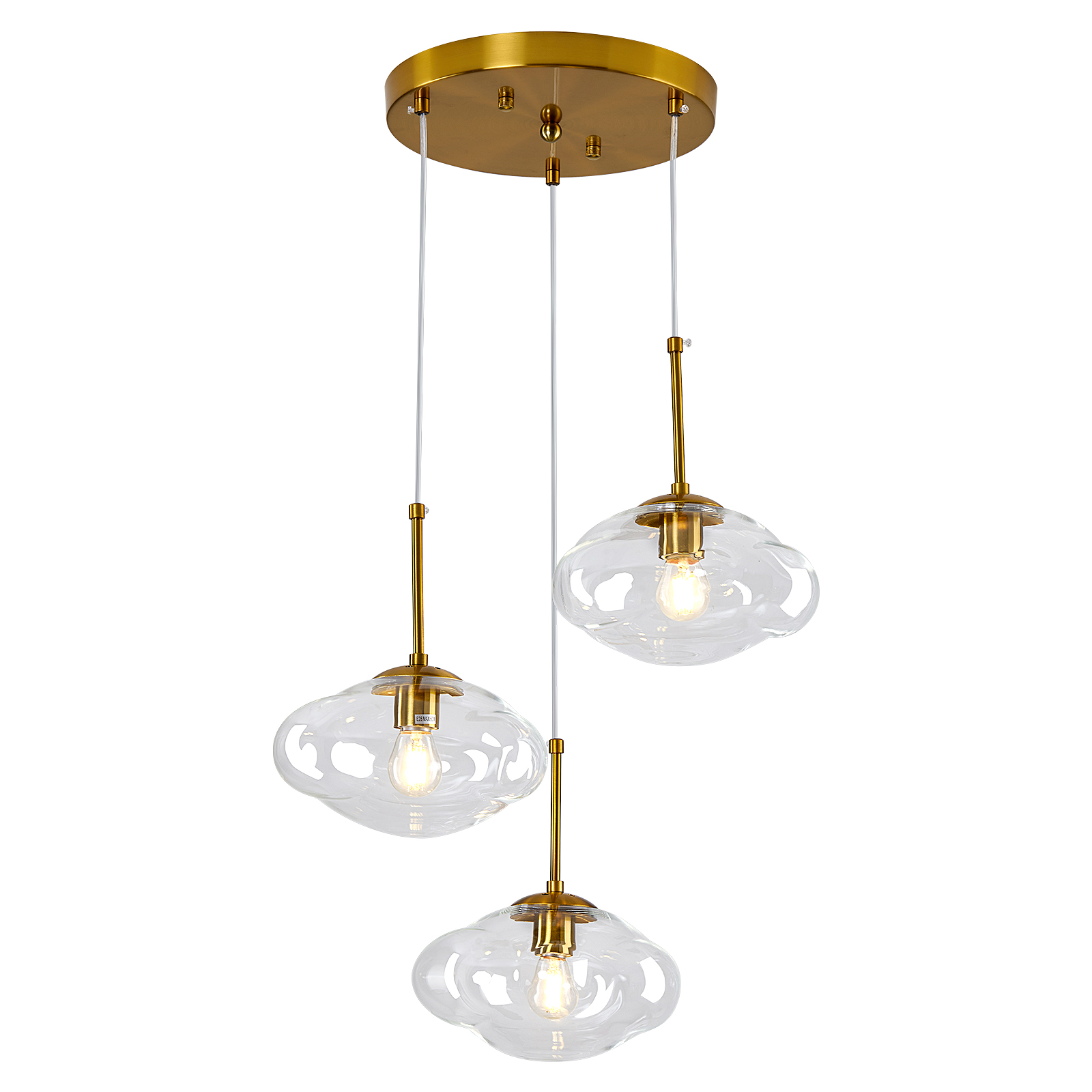 Image of 3-Light Gold Chandelier Modern Kitchen Island Pendant Light with Clear Glass Globe Shades Adjustable Height Flush Mount Ceiling Light Fixture for Dining Room Bedroom Living Room.