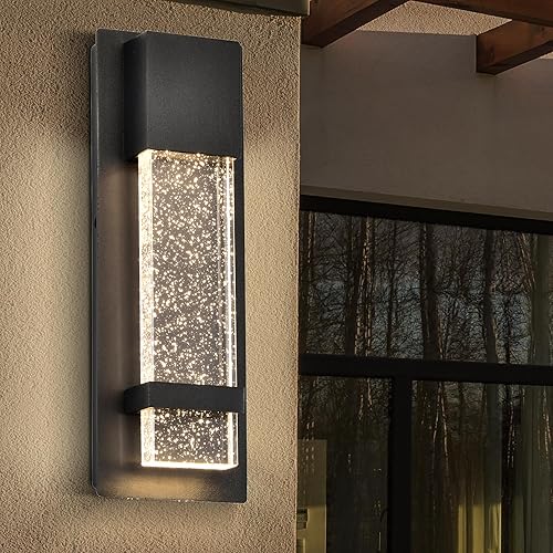 13.78'' Outdoor Light Fixtures Wall Mount LED Warm Light Modern Wall Light with Crystal Bubble Glass Black Aluminum Waterproof Exterior Wall Lantern