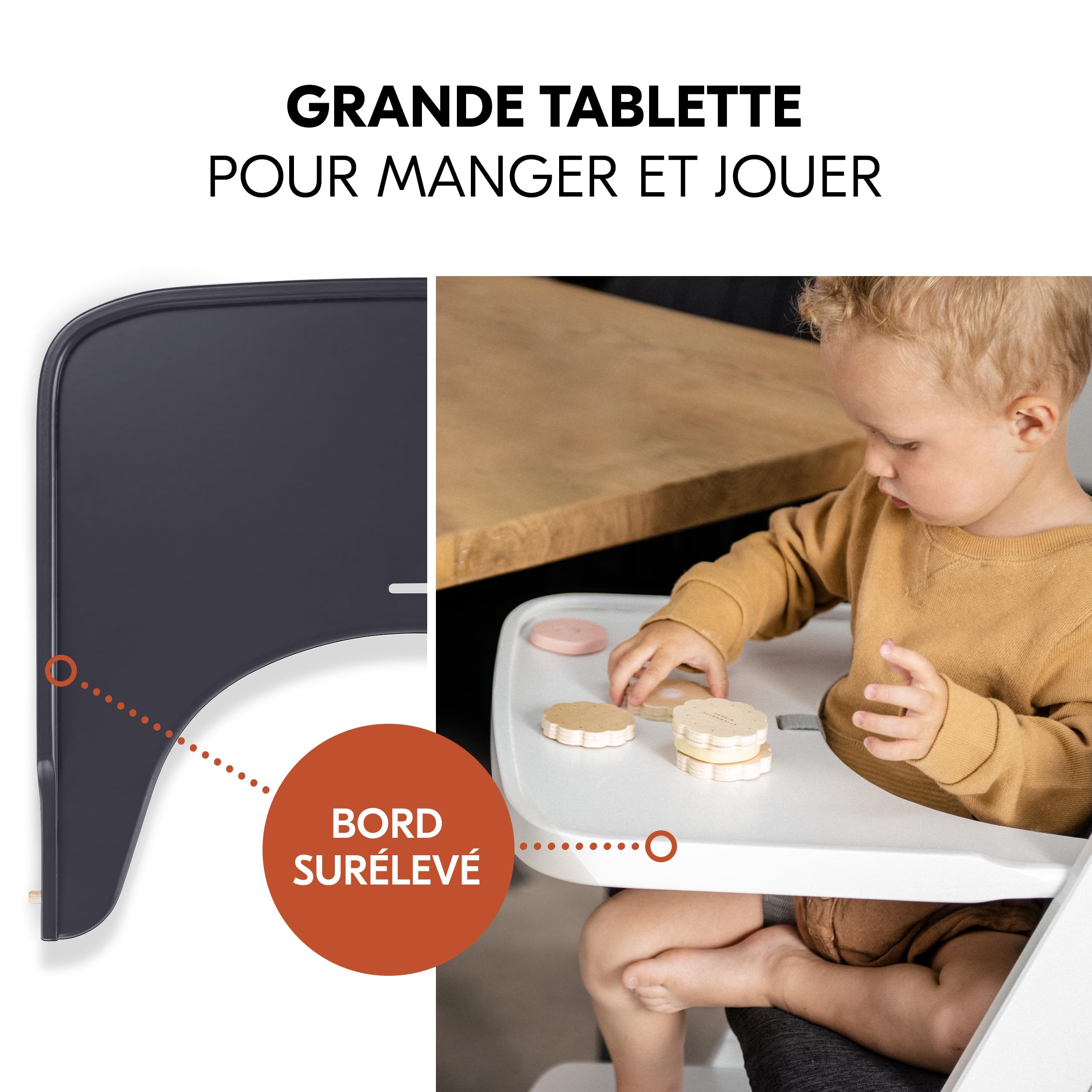 hauck Chaise Haute Bébé Beta+ avec Siège Nouveau-né Eco - Dark Grey | Chaise haute évolutive en bois, de la naissance à 90 kg, inclus assise bébé ergonomique, roues, plateau repas, coussin