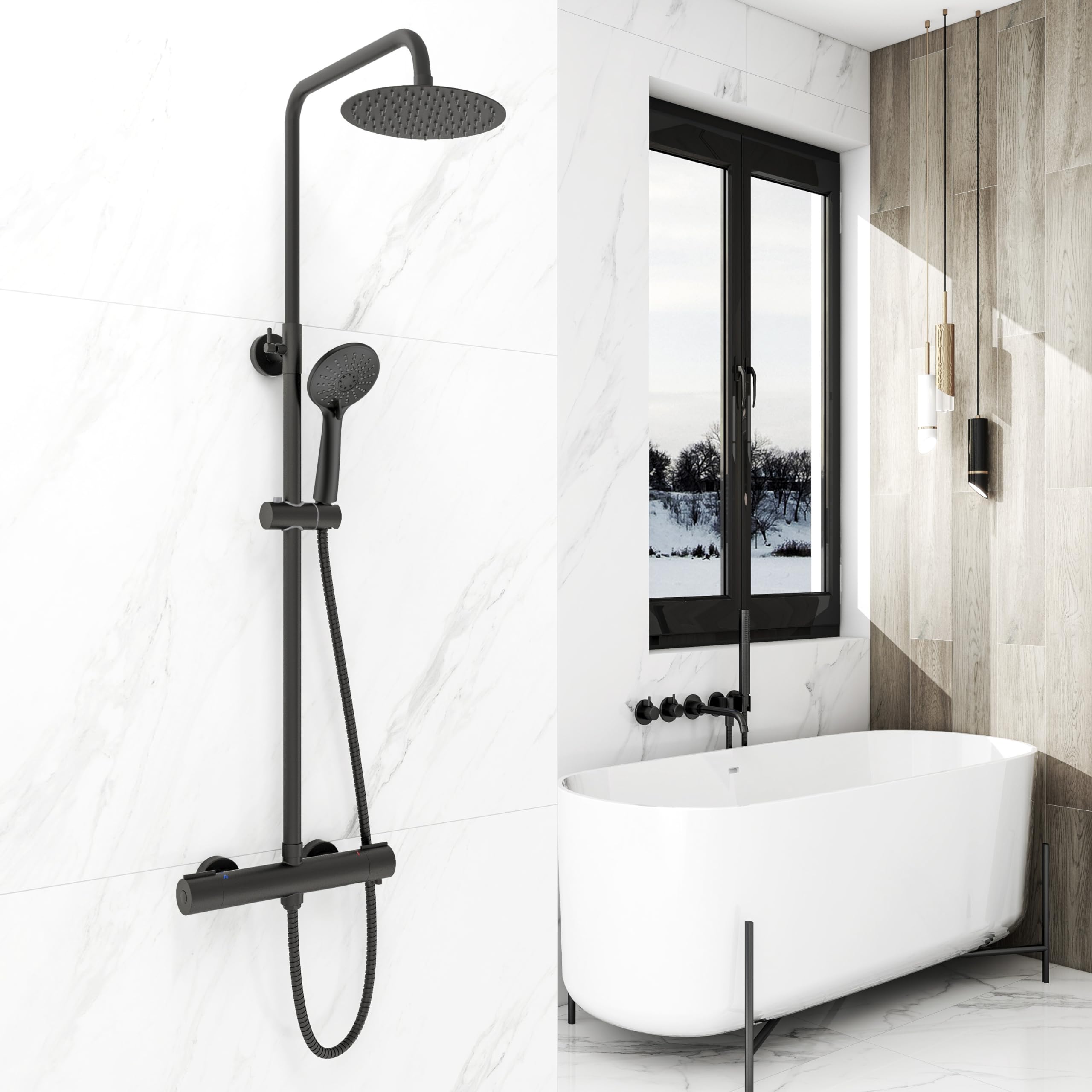 Colonna Doccia AICA ITALY con Rubinetto Termostatico Diam. 40mm Nero Opaco | Soffione doccia Rotondo da 20cm, Doccetta a Mano ha 3 Modi di Getti, Saliscendi Doccia Regolabile 73-117cm in Altezza