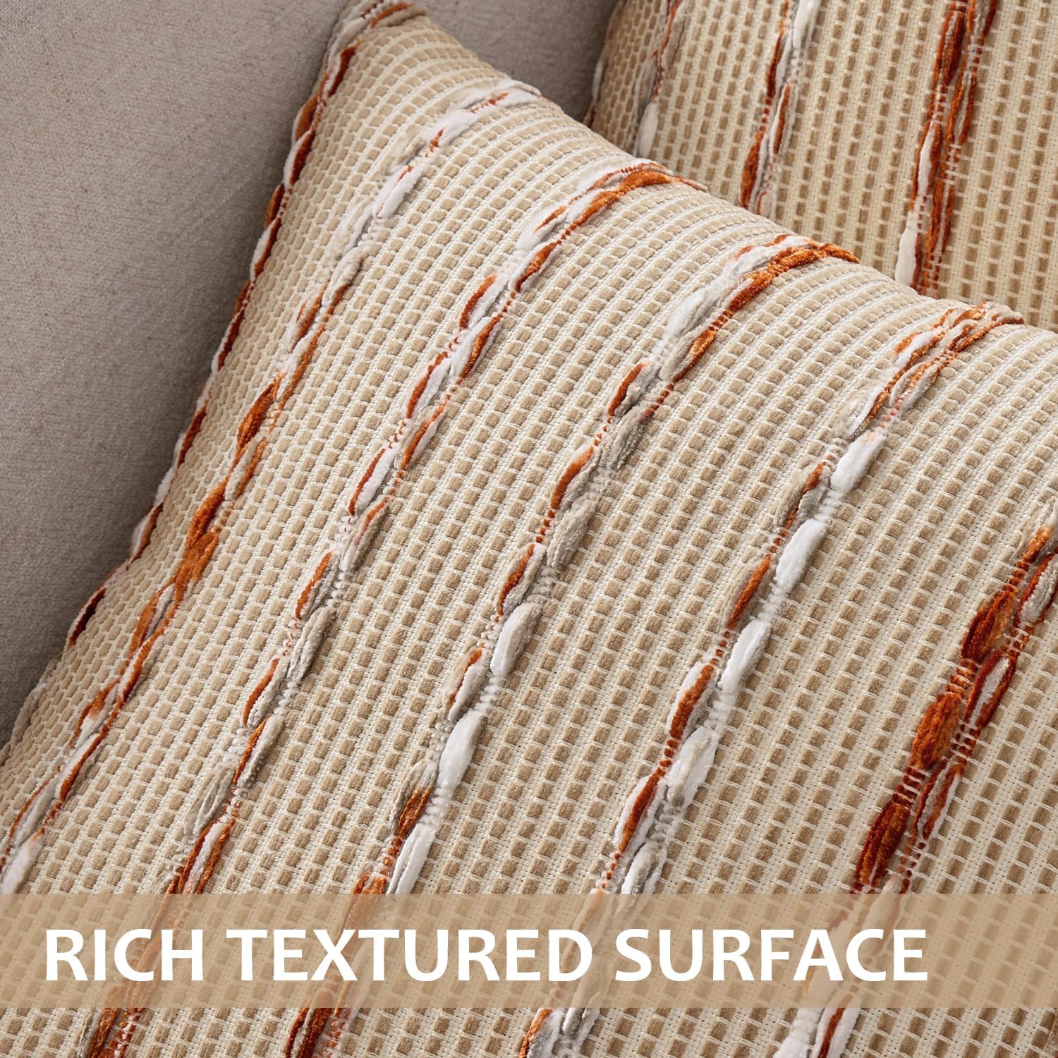 ANRODUO Boho Woven Chenille Pillow Covers 18x18 Inch Set of 2 Soft Textured Decorative Cushion Case with Striped Farmhouse Accent Neutral Pillowcase for Couch Sofa Bed Living Room Decor, Rust Stripe