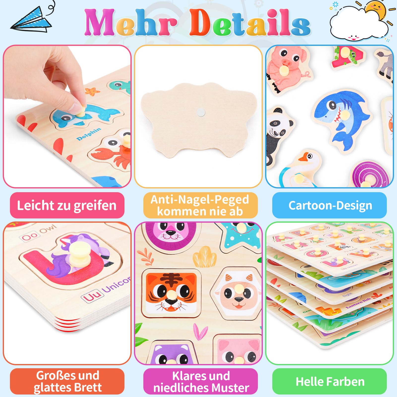 6PCS Kinder Holzpuzzle Spielzeug ab 3 Jahre, Montessori Spielzeug Puzzle ab 3 4 5 Jahre, Kinderspielzeug Steckpuzzle - Lernen Alphabet, Zahlen, Formen, Tiere, Lernspiele Geschenke für Jungen Mädchen