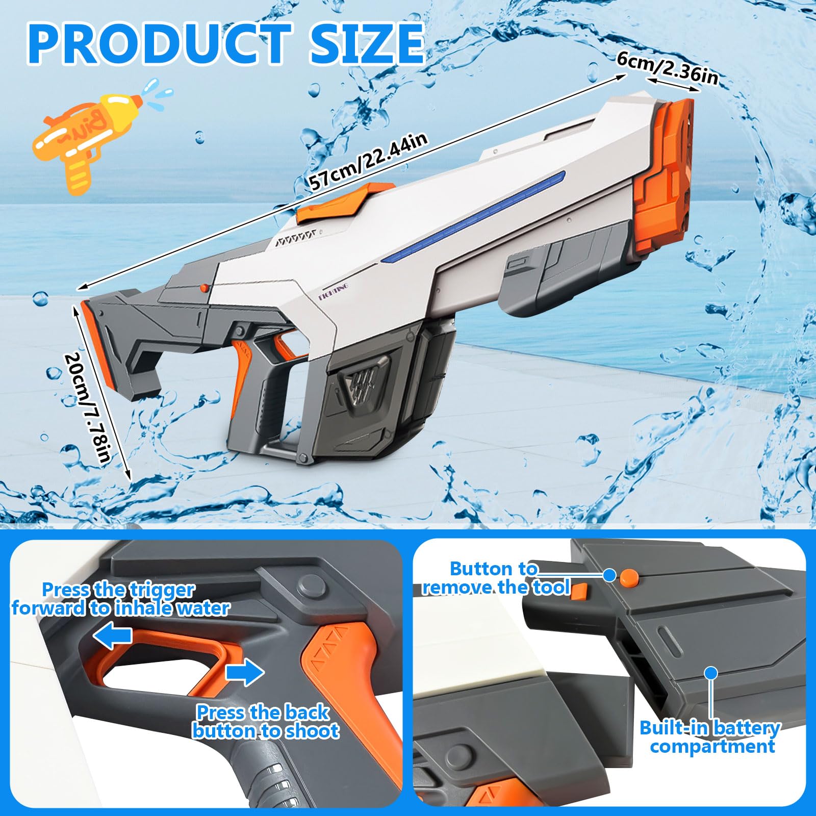 Pistola ad Acqua Elettrica, Fucile ad Acqua Elettrico Potente per bambini adulti, con Assorbimento Automatico, Capacità 610 ml, Pistola Acqua per piscina, feste, spiaggia all'aperto