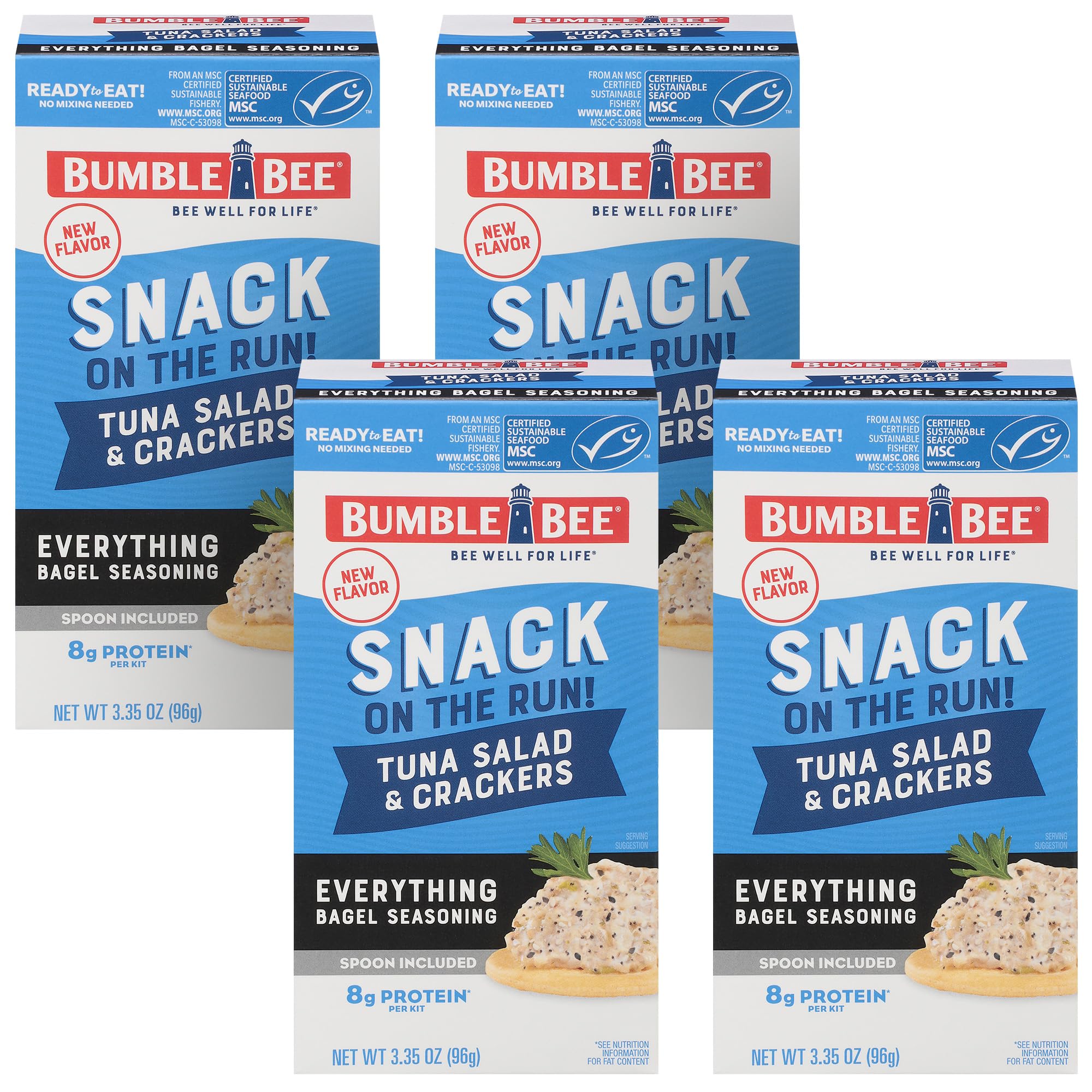 Bumble Bee Snack On The Run Everything Bagel Seasoning Tuna Salad With Crackers Kit, 3.35 oz - Ready To Eat, Spoon Included - Wild Caught Tuna - Shelf Stable & Convenient Protein Snack (Pack of 4)