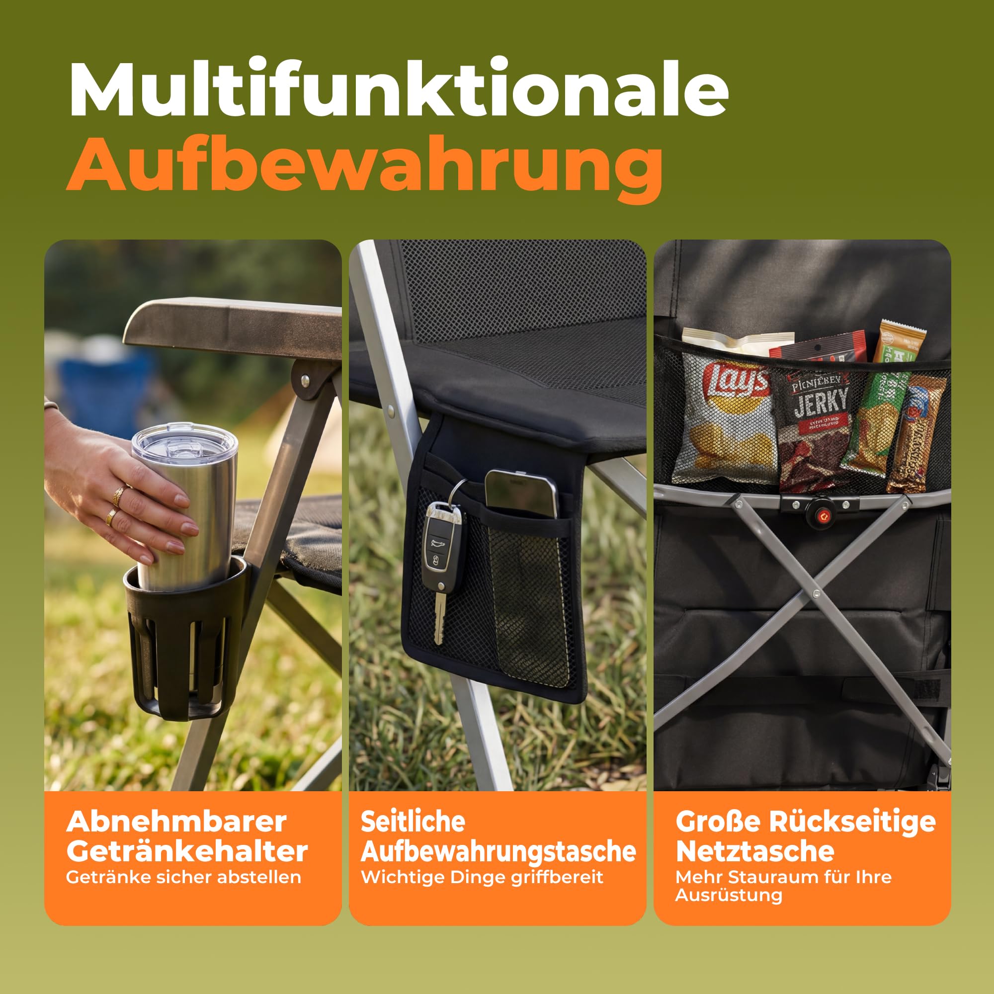 Campingstuhl Faltbar mit Gepolstert Kopfstütze Hochlehner, 150 kg Belastbar