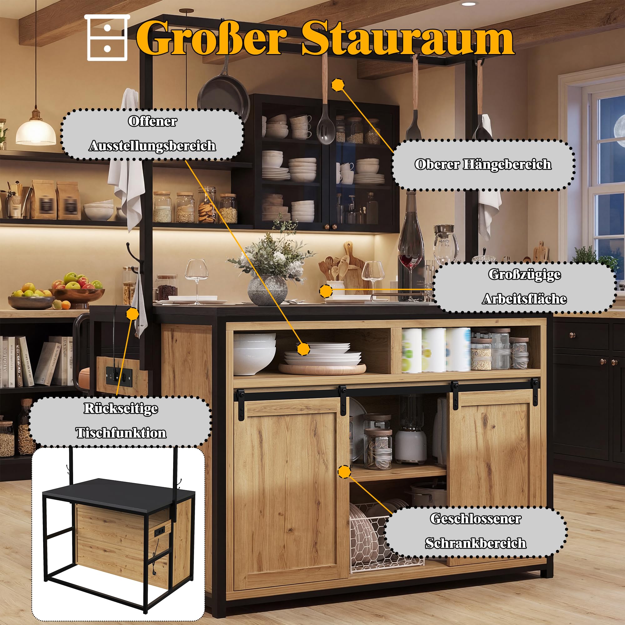 Kücheninselschrank 183 cm mit Arbeitsplatte, Stromanschluss & Hängeregal – Küchenschrank mit viel Stauraum für Küche & Esszimmer, Holzoptik