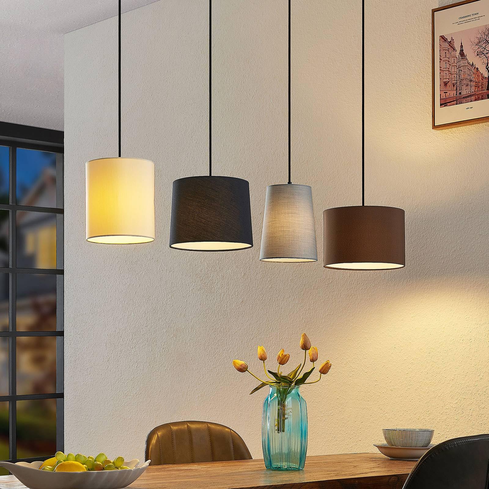 Lindby Esstisch Pendelleuchte Holz, Textil Balkenpendelleuchte Holzast und Stoff Lampenschirm Hängelampe Lampe Wohnzimmer 4x E27 ohne Leuchtmittel