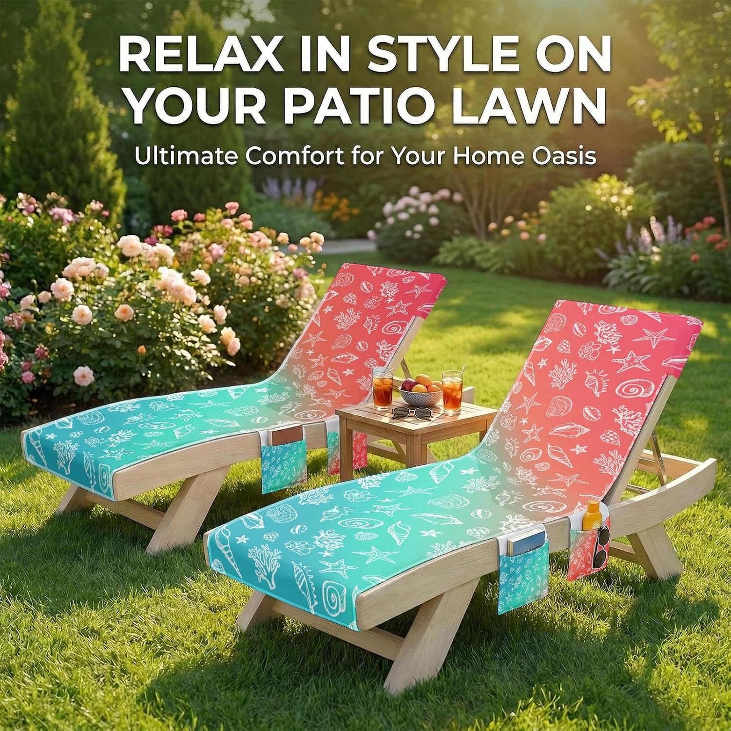 Lounge Chaise Chair Towel Covers (Pack of 2), Beach Chair Cover with 3 Pockets for Pool Outdoor Beach Garden Patio Trips,85 X30 in (Shell)