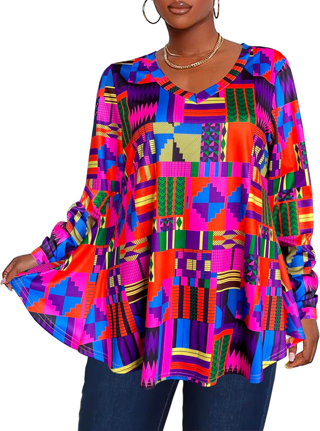 Afibi Dressy Shirts for Women African Dashiki Long Sleeve V Neck Loose Tunic Tops - Image 4