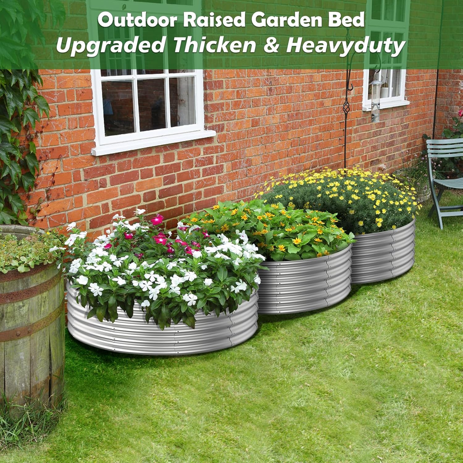 PINPON 4x4x1ft Round Galvanized Raised Garden Bed Outdoor, Large Metal Planter Box for Vegetables, Flower, and Herb Garden, Above Ground Galvanized Steel Garden Bed for Backyard, Patio