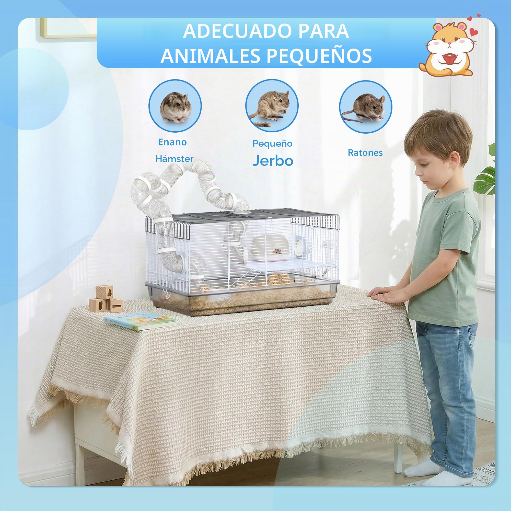 PawHut - Jaula para hámster y roedor con túnel, accesorios incluidos, asa, alambre de acero, 58 x 32 x 31 cm, color gris