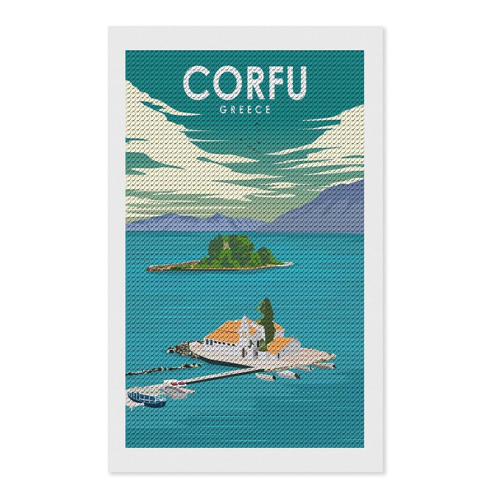 Junmoney Corfu Greece Travel (2) Diamond Art Canvas 12"x20", Easy to Follow Symbols, Finish and Display, Fun Craft Experience, Aesthetic Room Decor