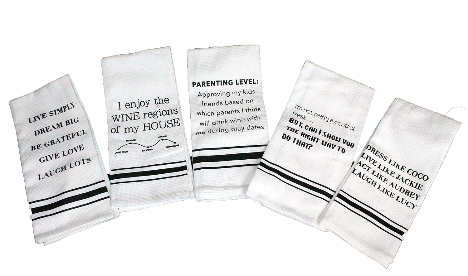 Twisted Anchor Trading Co Set of 5 Funny Kitchen Towels with Sentiments - White Waffle Weave Cotton Kitchen Towels Gift Set - Comes in Organza Gift Bag