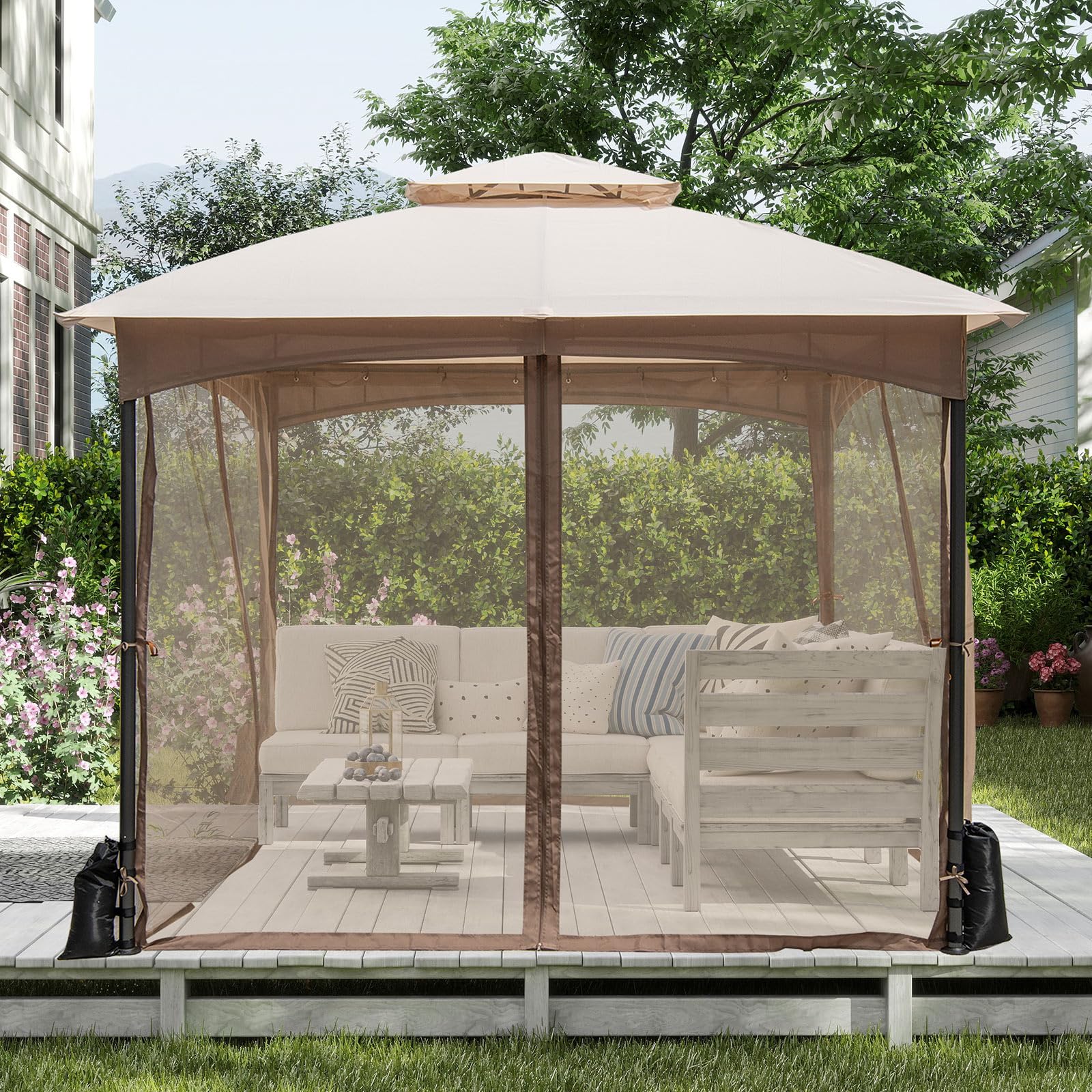RELAX4LIFE Pergola da 3 x 3 m, con Zanzariera, Padiglione Idrorepellente con Doppio Tetto, Gazebo da Giardino con Telaio in Metallo, 8 Picchetti per il Terreno, 4 Sacchi di Sabbia (MARRONE)
