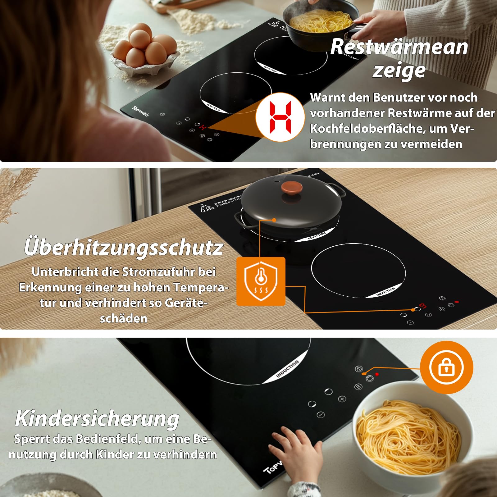 Bosot Induktionskochplatte 2 Platten Einbau 3500W 30cm mit Kindersicherung Restwärmeanzeige