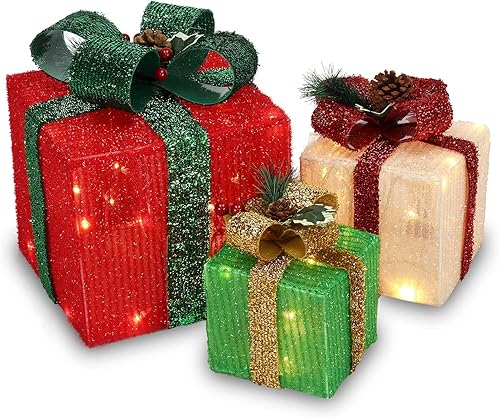 VINGLI - Juego de 3 cajas de regalo iluminadas de Navidad, cajas de presente resistentes al clima, decoración para el hogar, 60 luces LED