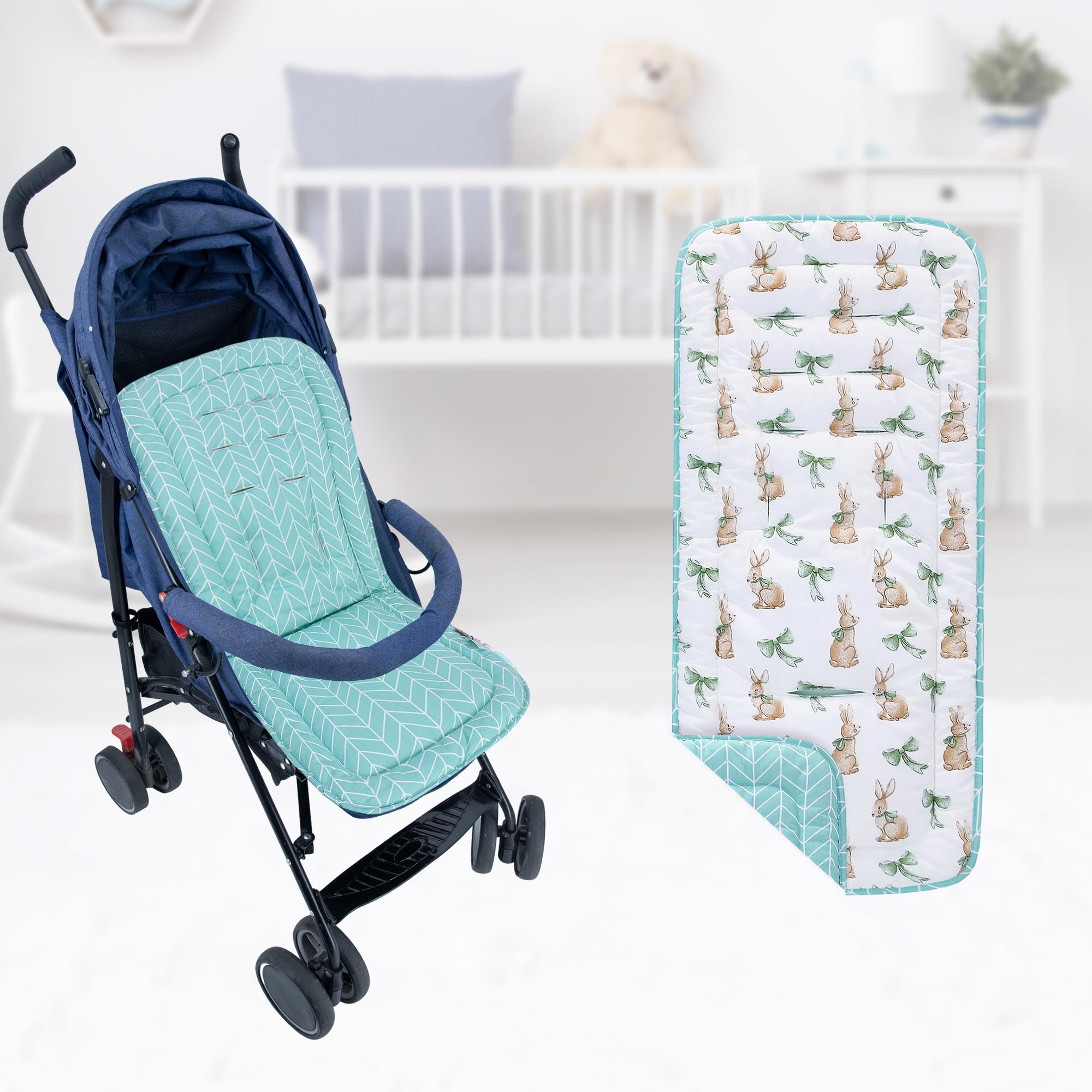 Baby Pushchair Seat Liners,Pram Liner Universal Fit for Most Pushchairs,100% Cotton Double-Sided Baby Stroller Cushion Pad,Stroller Seat Cover for Toddler Infant 1 Pack,78x34cm(Rabbit+Light Blue) - Image 4