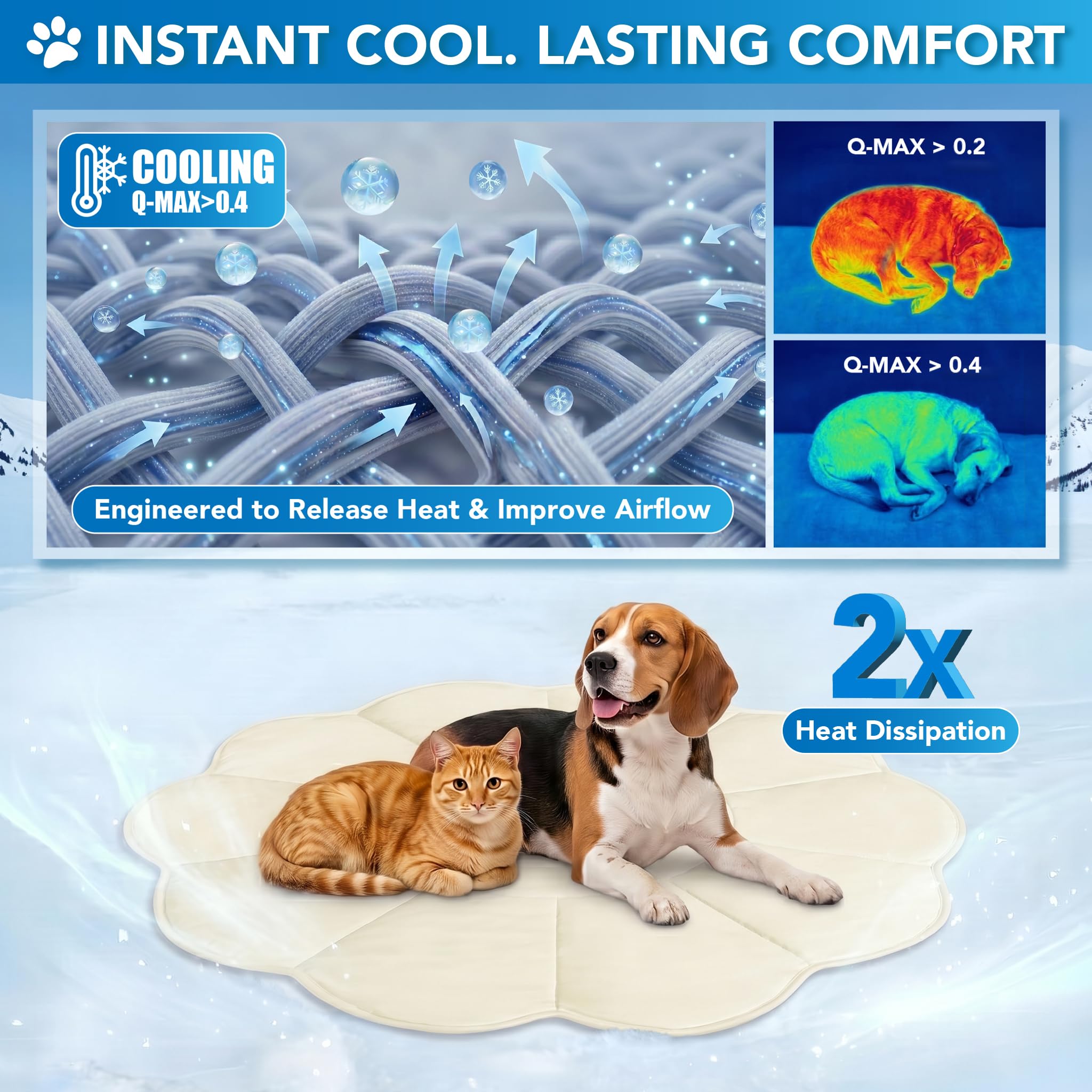 PetAmi Kühlmatte für Hunde, Blumenform, Haustierunterlage mit kühlendem Nylon und weichem Fleece, Q-Max > 0,4, wendbar, Ganzjahresdecke für Hunde und Katzen, Größe M, 111,8 x 111,8 cm, Beige