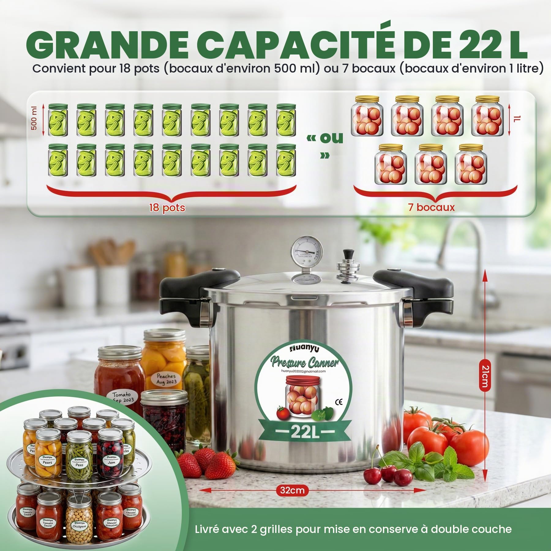 Huanyu Autocuiseur de 22 litres avec poids de pression (5-10-15 PSI) et base en alliage, compatible avec les autocuiseurs multifonctions à induction et les autocuiseurs traditionnels