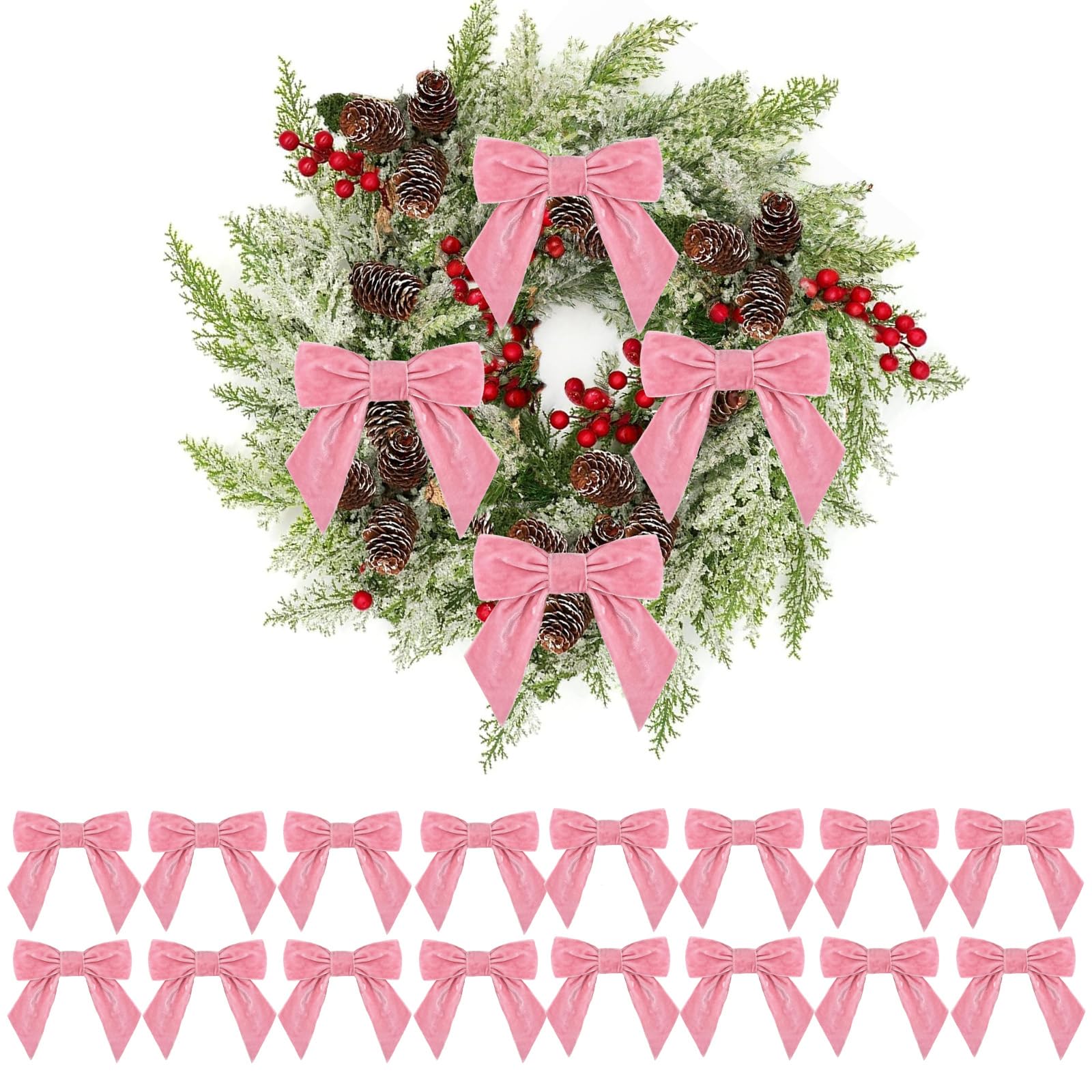 Mienocol 16pcs Pink Velvet Bows,3.2cm Pink Christmas Tree Bow,Vintage Velvet Christmas Tree Bow with Twist Ties,Velvet RibbonBow,Crafts Bows for Xmax,Wedding,Gift Wrapping,Wreaths, Garlands DĂ©cor â image 1