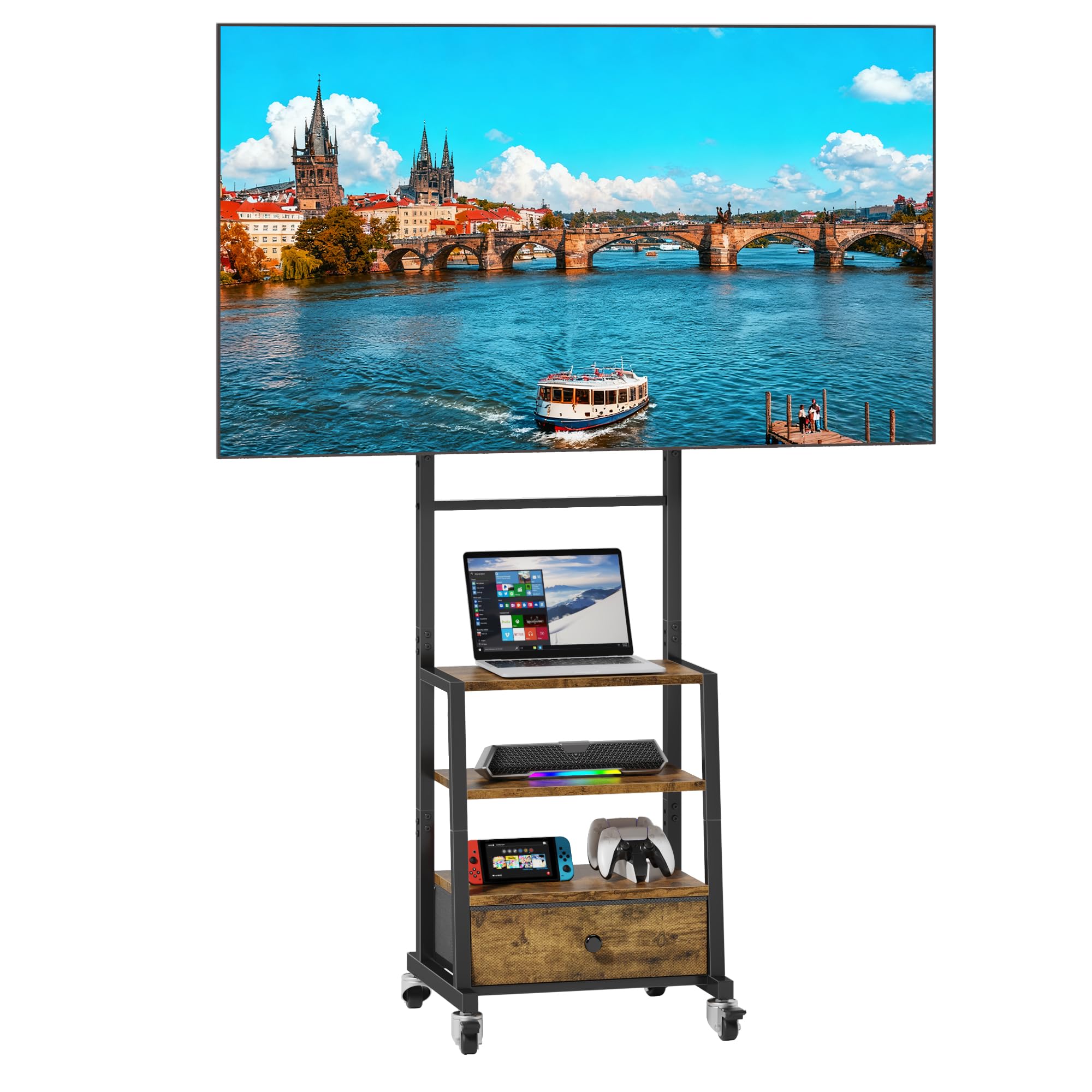 OYRREU Carrello TV con ruote e cassetto in tessuto per TV da 32–55 pollici – Supporto mobile regolabile in altezza per camera da letto, soggiorno o palestra, Marrone Vintage, MAX VESA 400 X 400 MM
