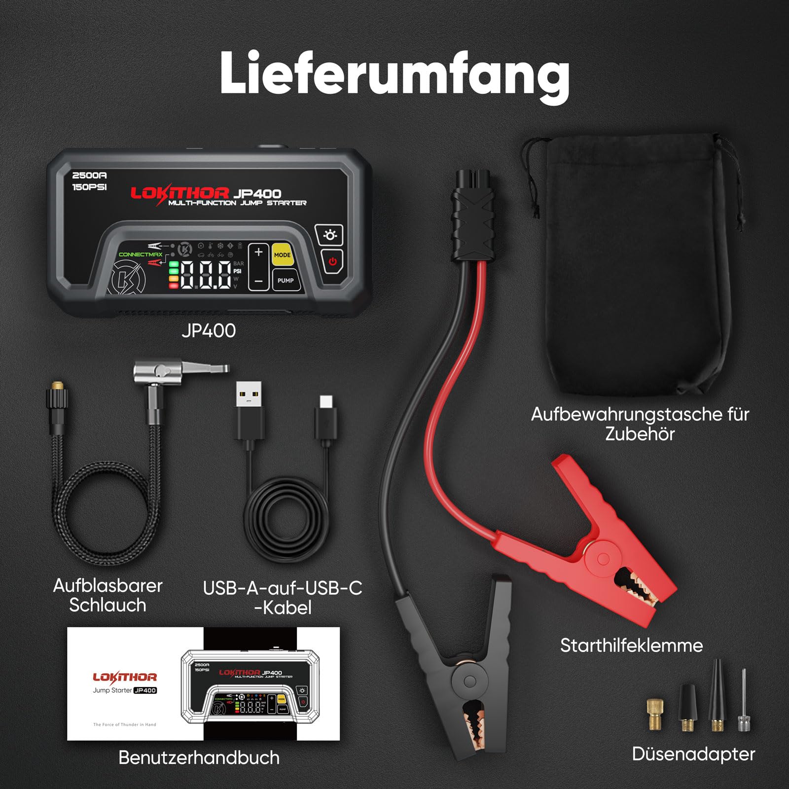 LOKITHOR JP400 Starthilfe Powerbank mit Kompressor, 2500A 12V Jump Starter tragbar für Pkw bis 8,5L Benzin / 6,5L Diesel, 150PSI Reifenfüller mit Auto-Stopp & ConnectMax Technologie
