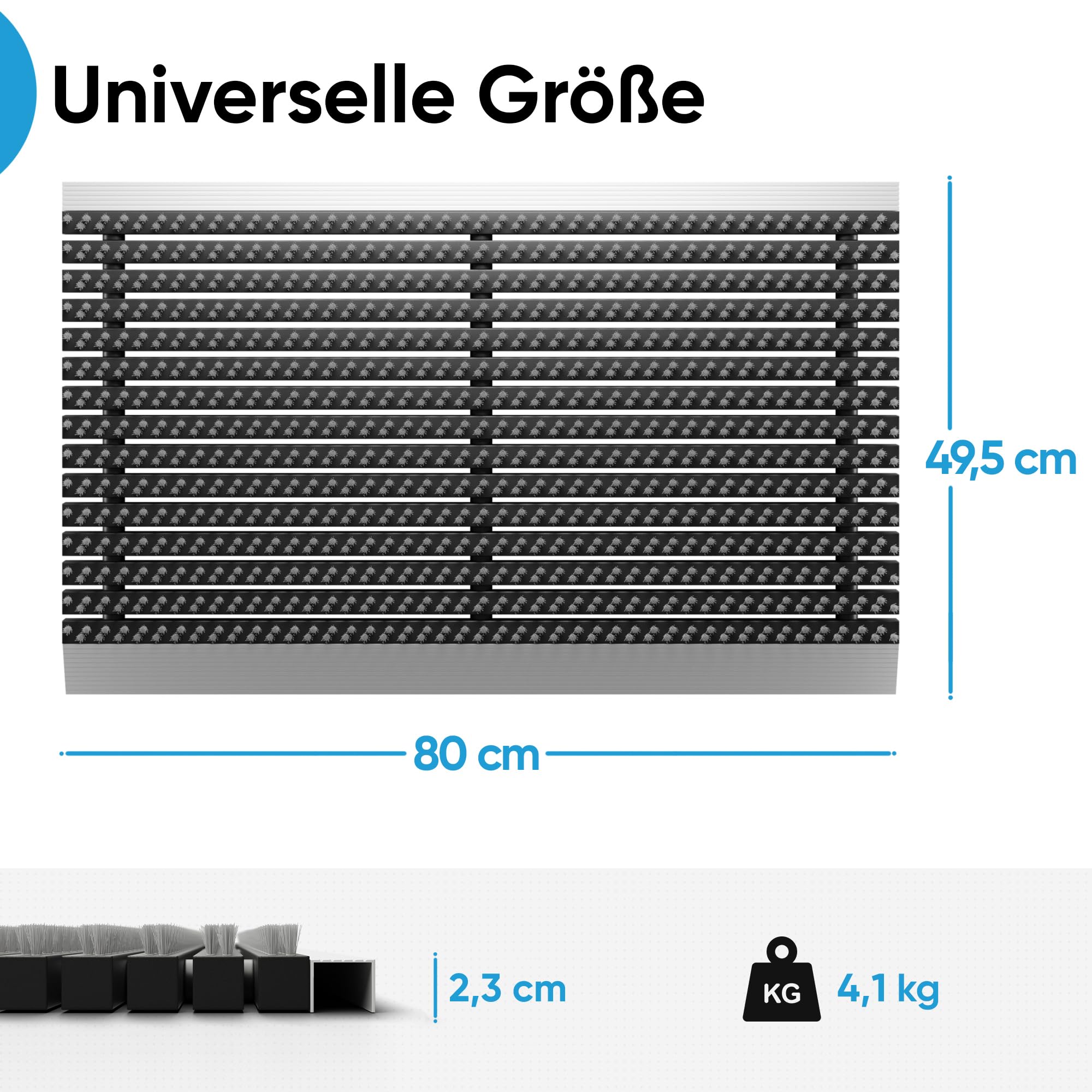Fußmatte außen alu mit Bürsten grau, Schmutzfangmatte 50 x 80 cm, Fußmatte Aussenbereich, Aluminium Türmatte außen, Fußabtreter außen, Schuhabstreifer Hauseingang, Bürstenmatte outdoor, Abtreter