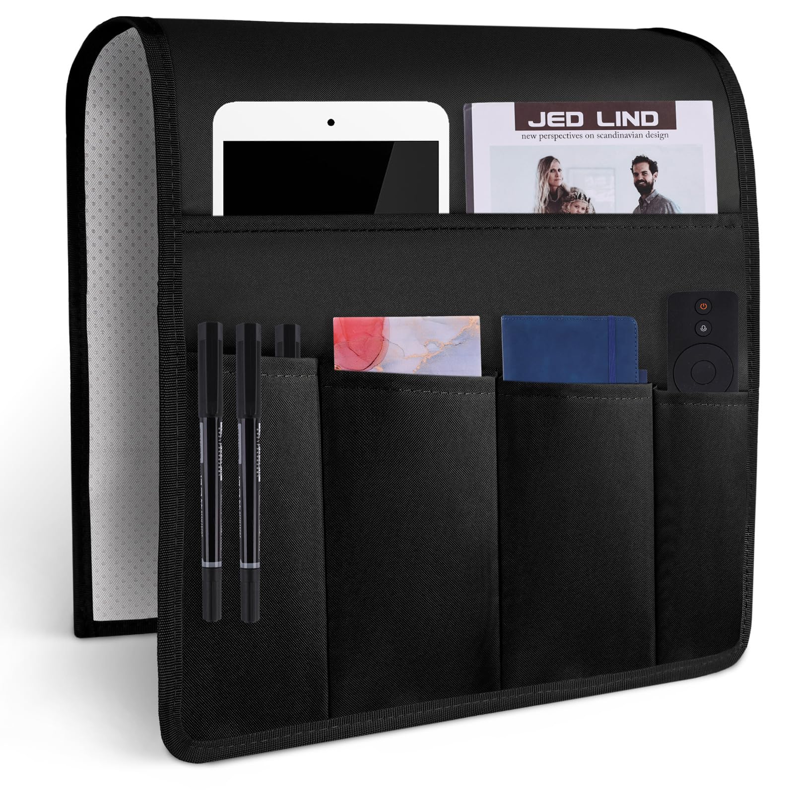 HAKACC Armchair Caddy for Couch Remote Control Holder, Sofa Armrest Organizer, Recliner Armchair Caddy for Bedside Storage Organizer 5 Pockets for Home College Dorm Bunk Black