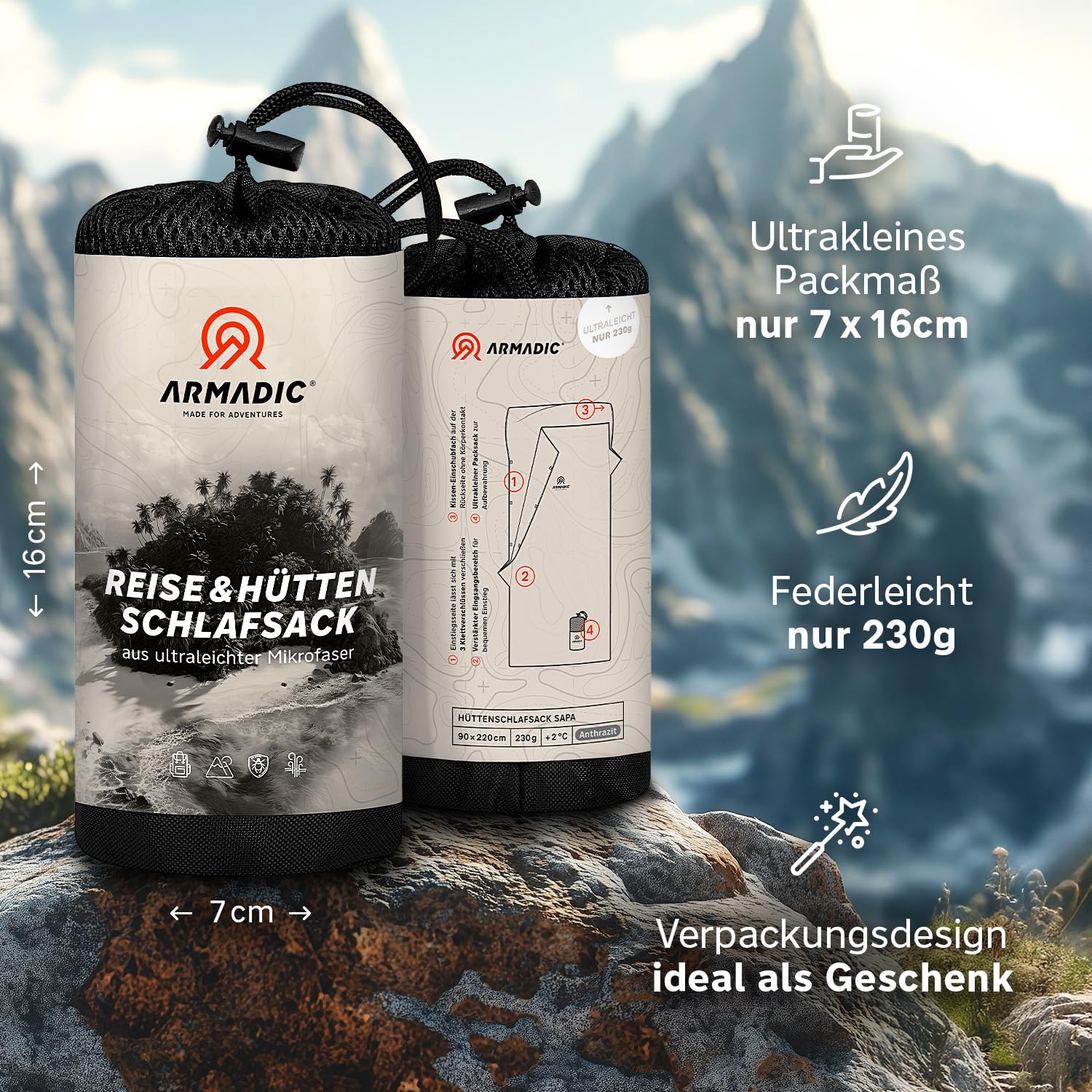 Sacco a pelo in microfibra (solo 230 g), ultra leggero, piccolo e sottile, sacco a pelo da viaggio, sacco a pelo Inlay, ideale per backpacking, ostelli e capanne di montagna
