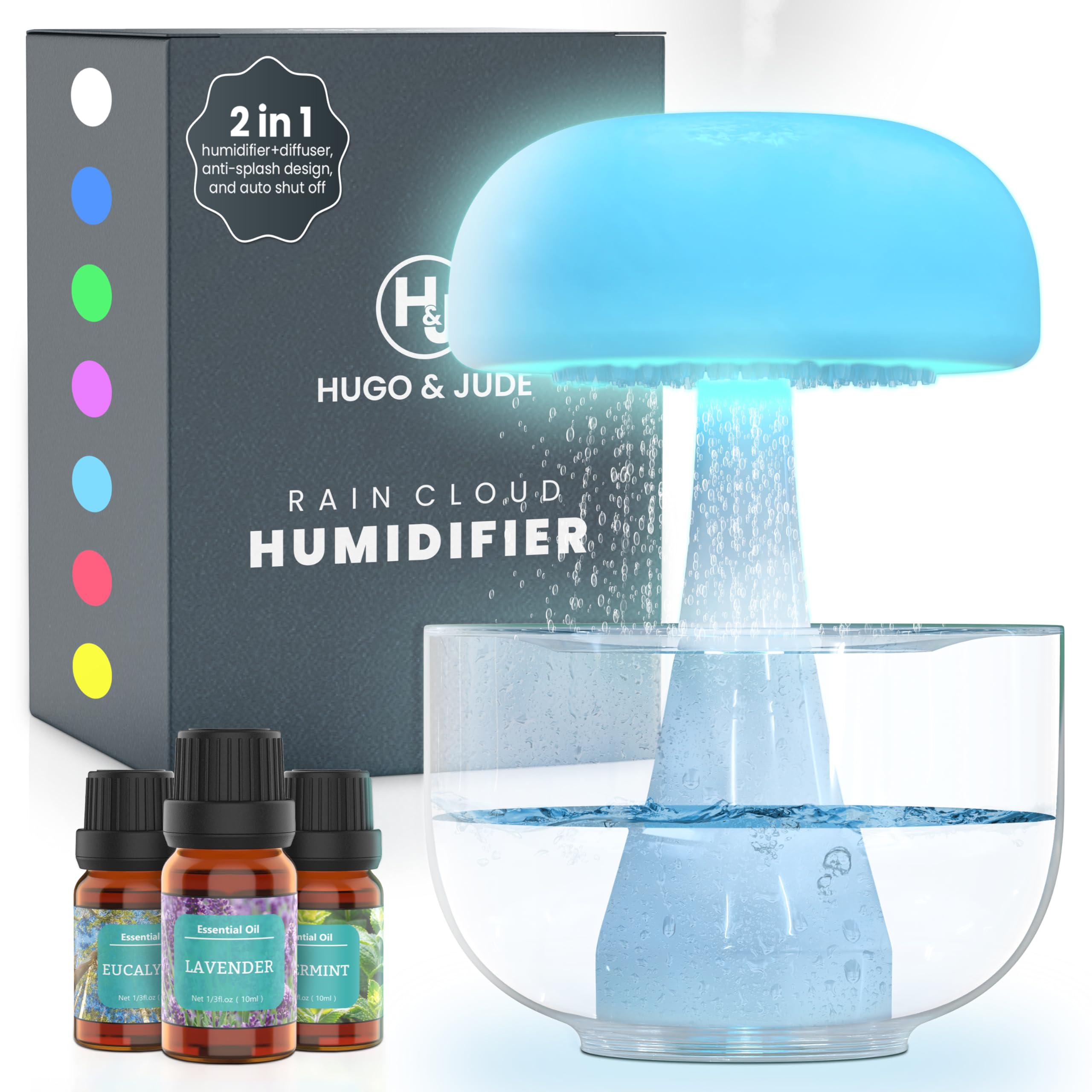 Hugo & JudeRain Cloud Humidifier Water Drip - Oil Diffuser, Rain Humidifier & Nightlight. No-Splash Mushroom Humidifier for Restful Nights & Wellness. (Incl. Essential Oils)