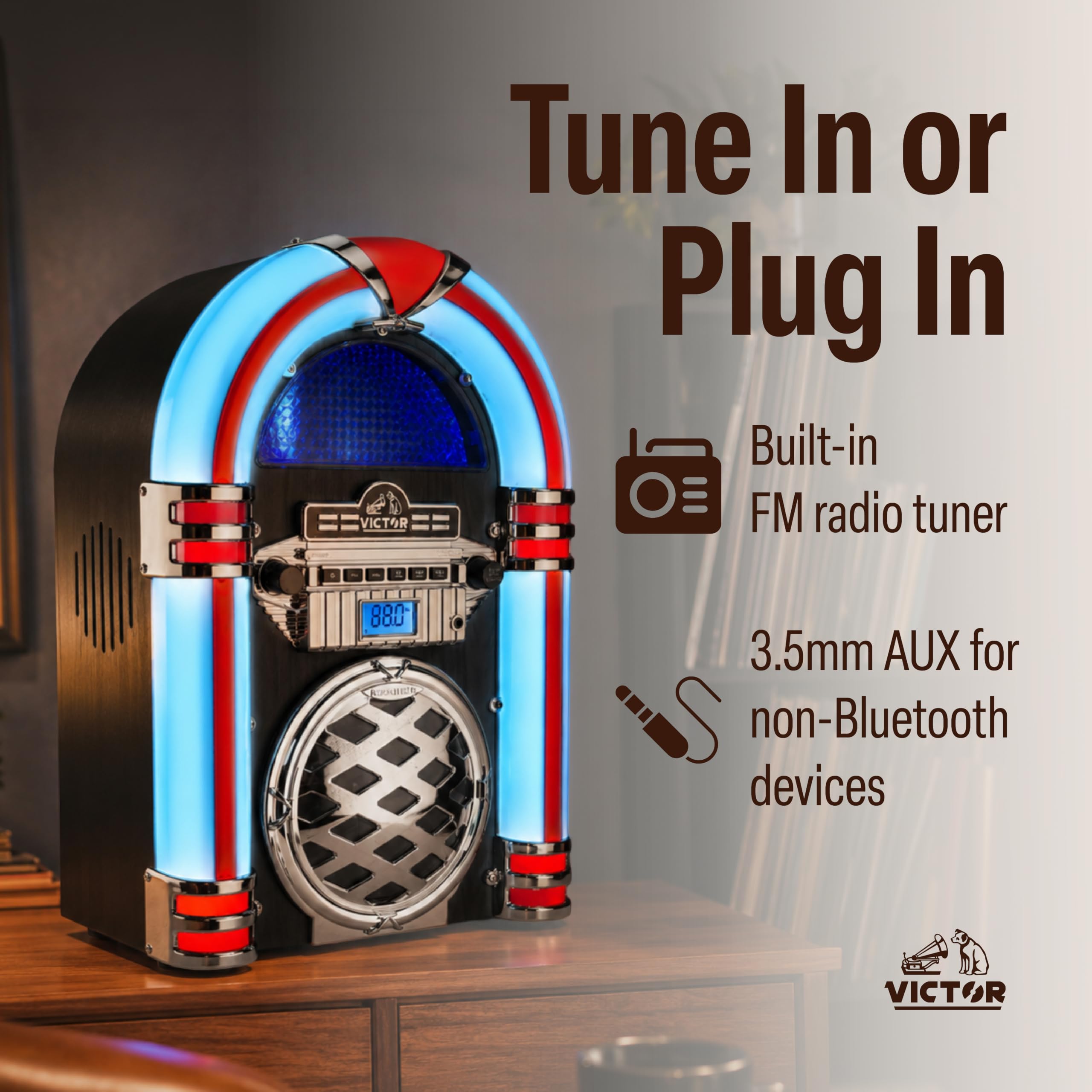 VICTOR Broadway Desktop CD Bluetooth® Jukebox mit mehrfarbiger LED-Beleuchtung, Schwarz (VDTJ-1550-BK)