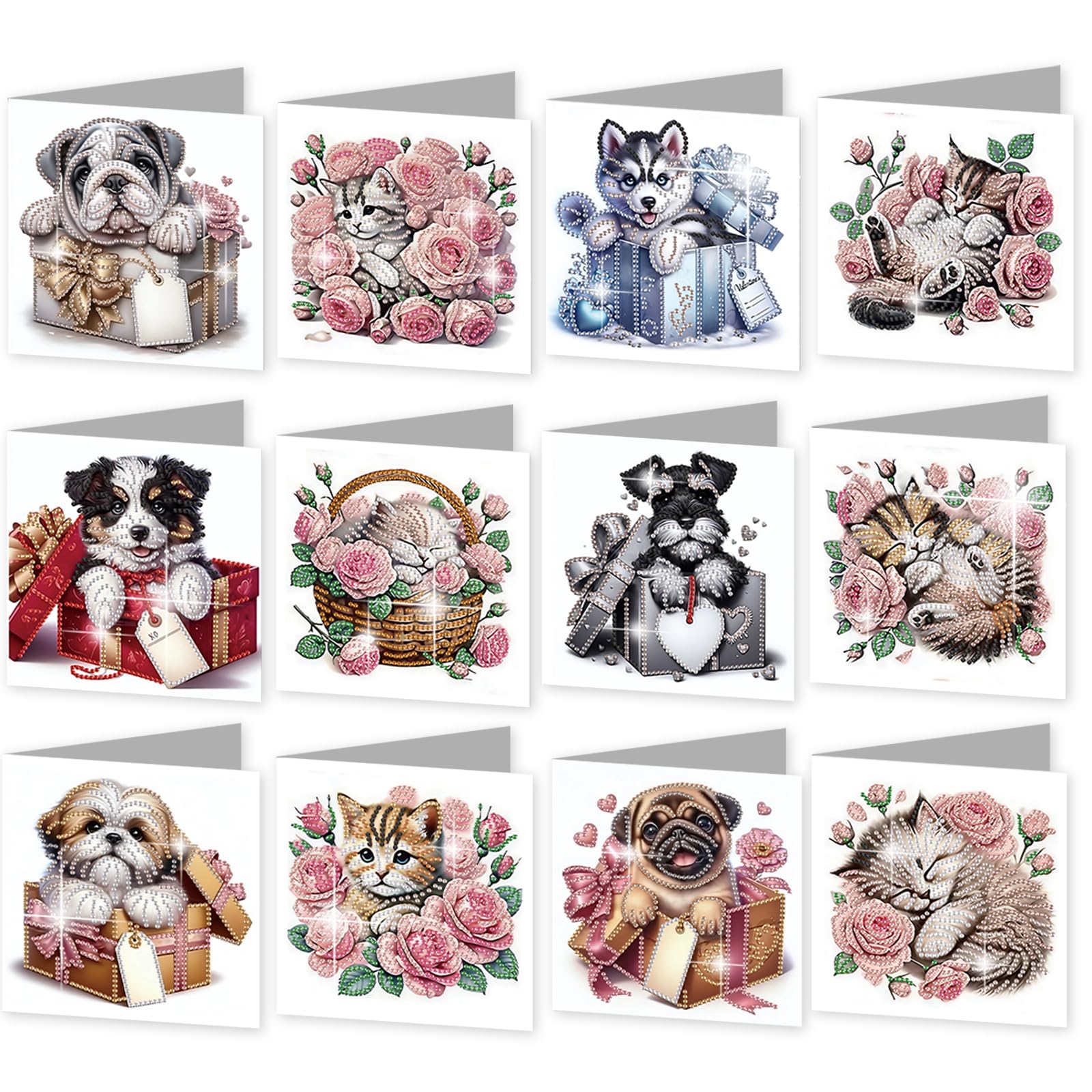 12PCS DIY Diamond Art Greeting Cards with Envelope & Tools Diamond Painting Handmade Cards, Adult Craft Kit for Birthday Mother's Day Christmas Anniversary Thanksgiving (Cat)