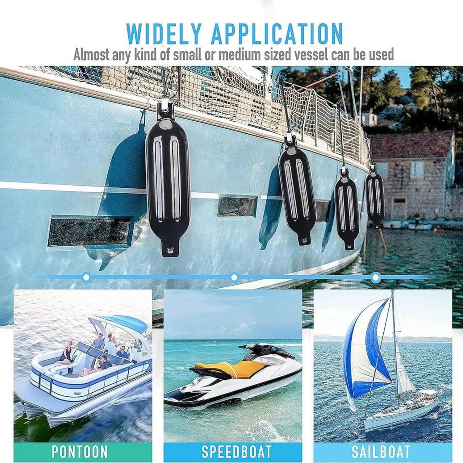 Parabordi Per Barca Marine,40x11cm Boe Nere Gonfiabili,Set Di Parafanghi Da 4 Pezzi (Comprese Le Linee Dei Parafanghi),Compresa La Pompa,Quattro Spine d'Aria,Per Barche Marine Meno di tre metri(Nero)