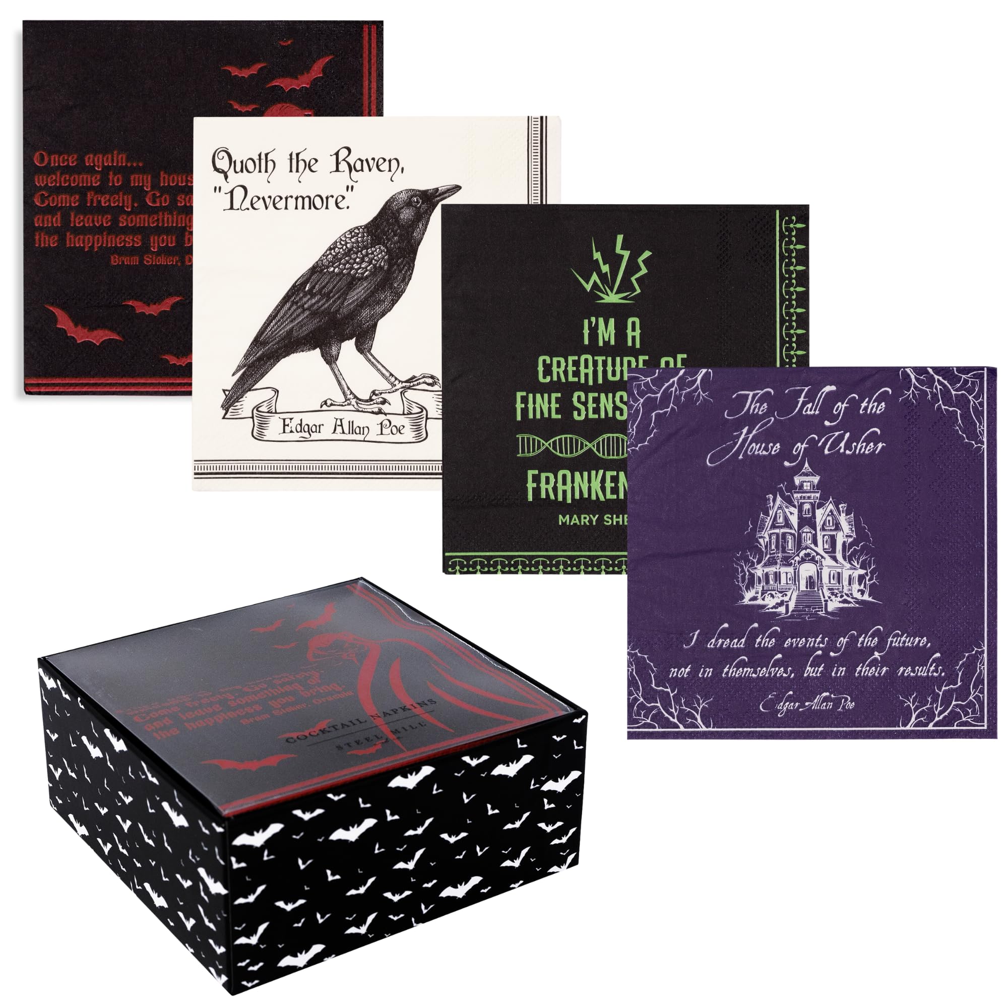 Steel Mill & Co Paper Napkins with Holder, Scary Book Inspired Halloween Party Napkins Set with Gothic Titles (Dracula, Frankenstein, The Raven, The Fall of the House of Usher)
