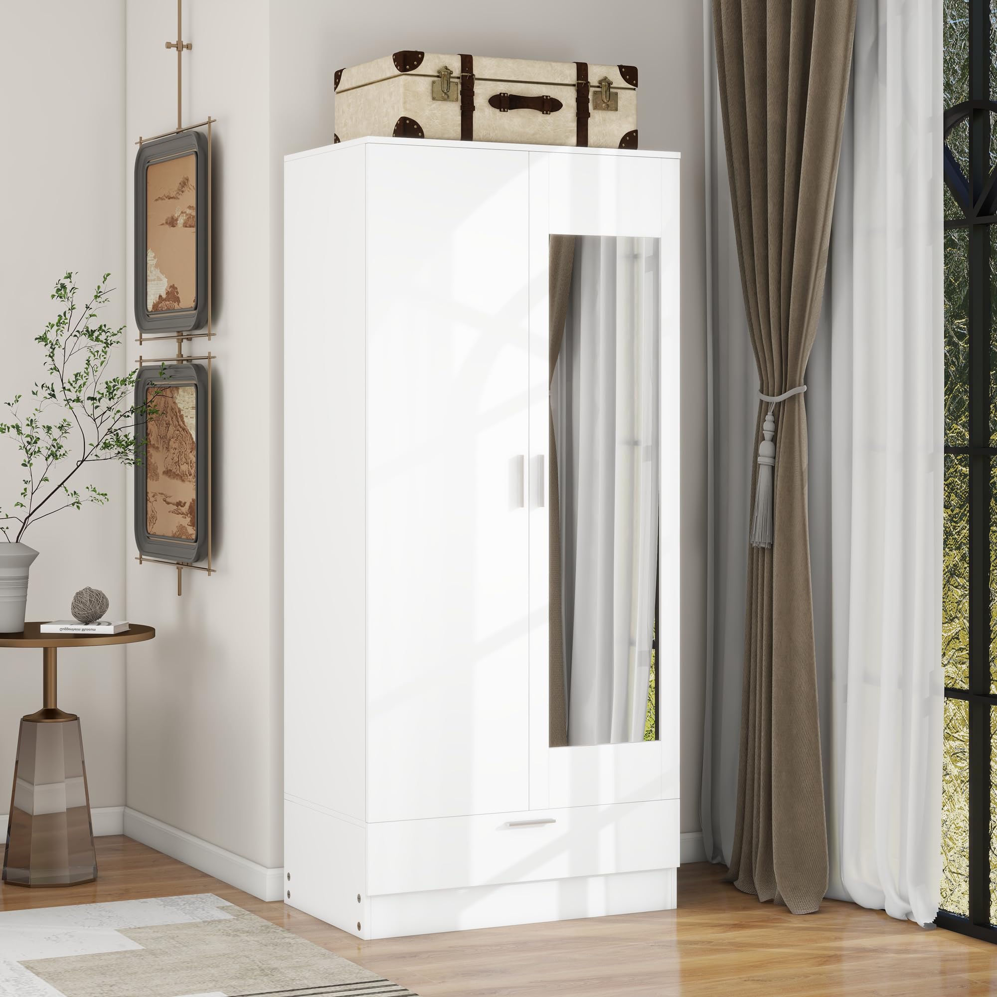 Panana Modern 2 Doors 1 Drawer Wardrobe Double Wardrobe with Mirror Hanging Rail Bedroom Furniture, 31.5" x 19.7" x 72" (White)