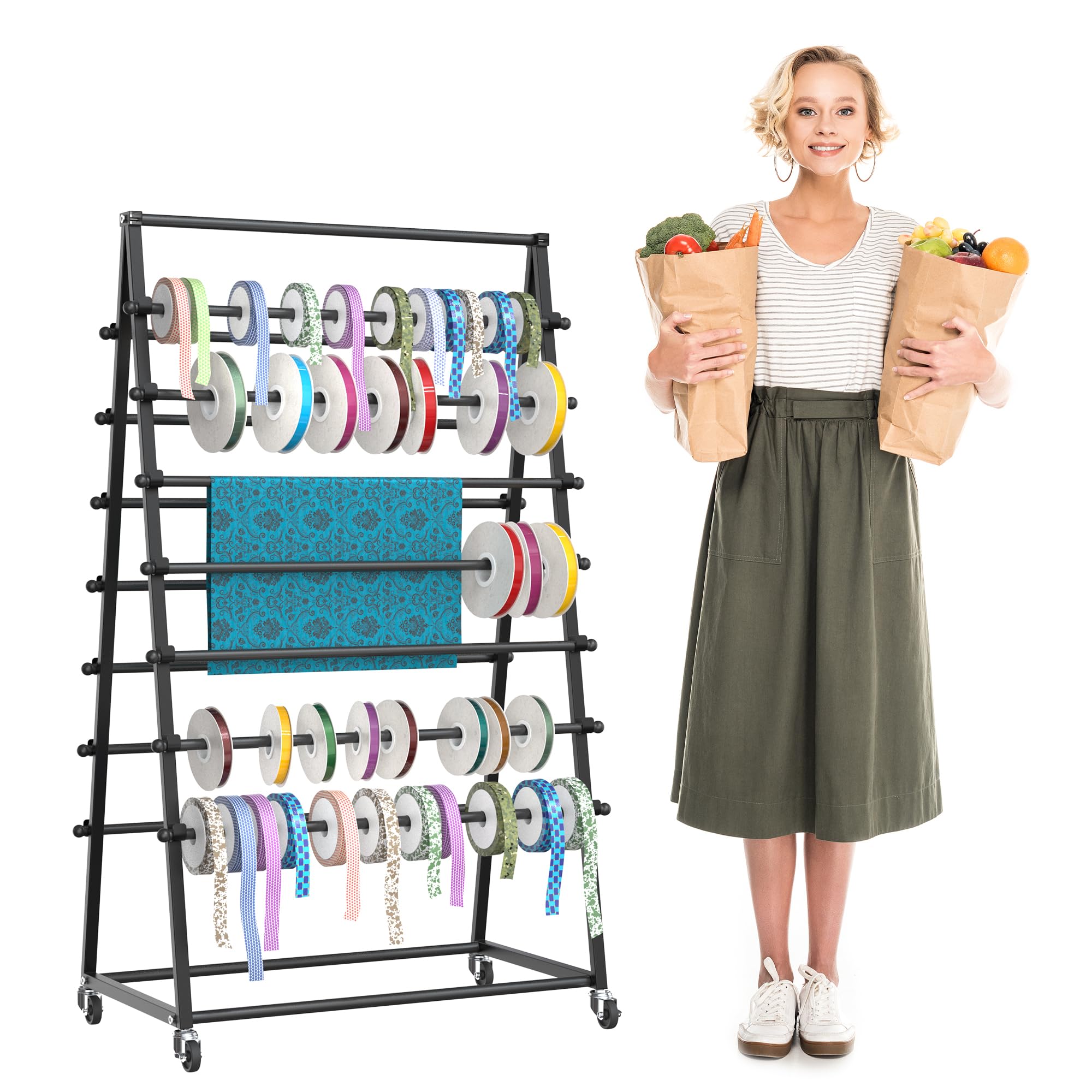 Ribbon Organizer,15 Tier Metal Vinyl Rolls Holder,Double-Sided Craft Ribbon Storage Shelf for Craft Room Cake Shop Flower Store,Tie Scarf Rack Belt Towel Holder (Black)