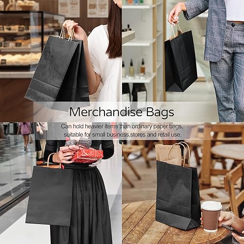 Miniatura 7 de PakTalk Paquete de 50 bolsas de regalo de 8 x 4.25 x 10.5 pulgadas, bolsas de papel negras medianas con asas para almuerzo, compras, pequeñas