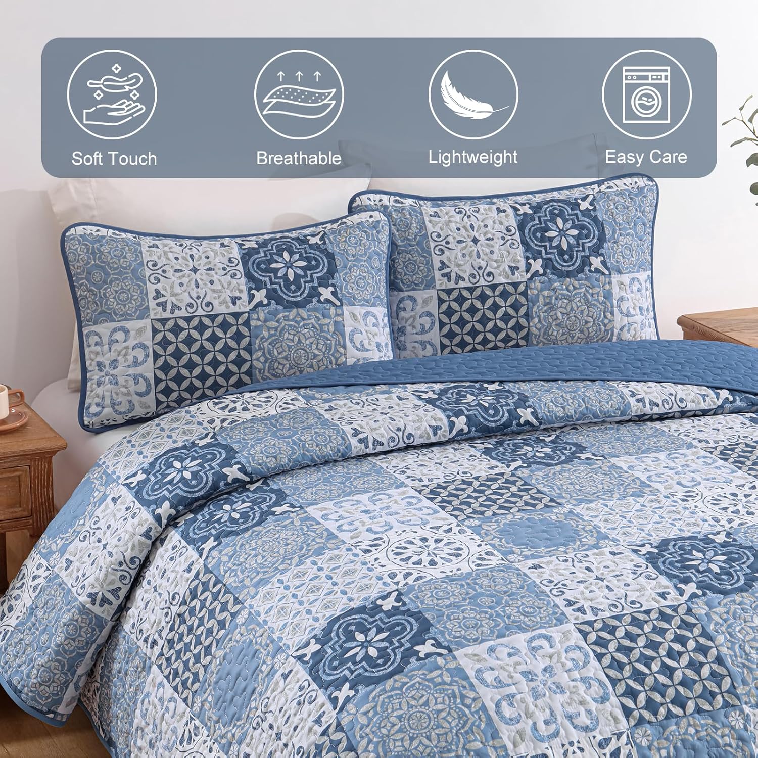 Dobuyly Blue Quilt Set Queen Size, Boho Mineral Blue Plaid Patchwork Bedspreads Coverlet Set, 3 Pieces Soft Lightweight Microfiber Quilt Bedding Set for All Seasons 96"x90" - Image 4