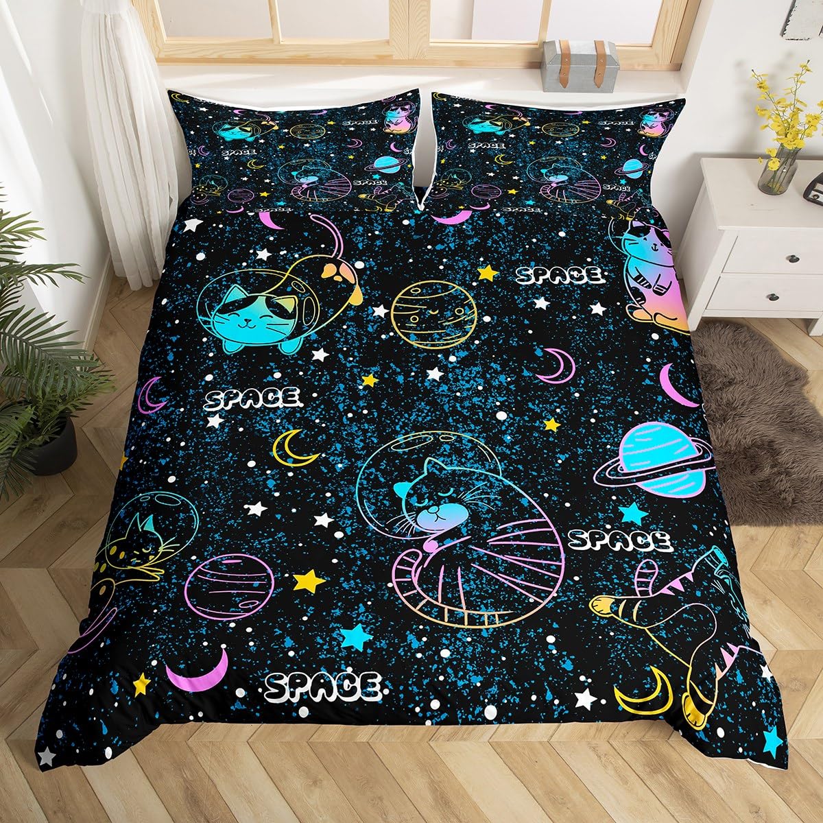 Loussiesd Galaxy Cat Print Duvet Cover For Two Children Space Planet Colored Bedding For Girls Boys Stars And Cats Ultra-Fine Fiber Bedding Set With 2 Pillowcases — image 1