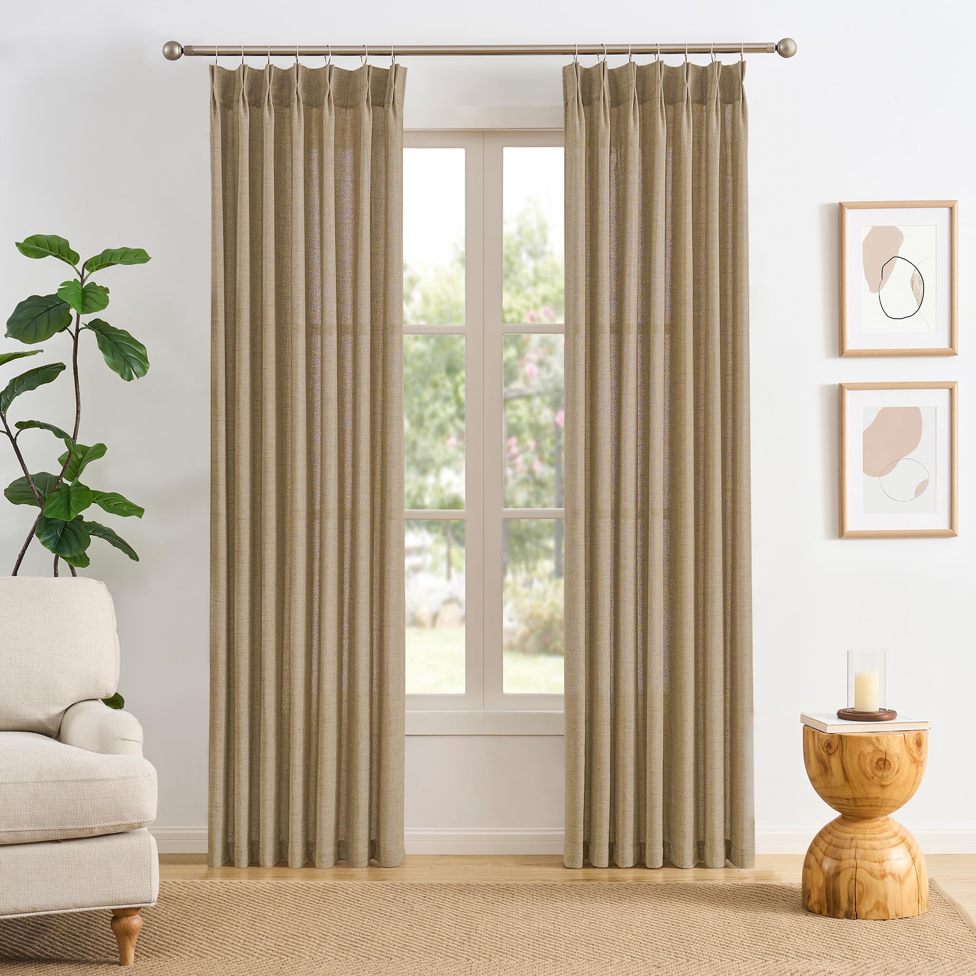 Dark Flax Pinch Pleated Linen Curtains 90 Inches Long Semi Sheer Memory Trained Ripple Fold Curtain with Hooks Back Tab Textured Light Filtering Drapes for Bedroom Living Room 42x90 Set of 2