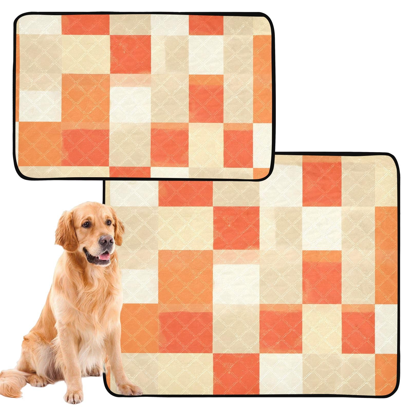 xigua Washable Pee Pads, Non-Slip, Super Absorbent Reusable Training Pads, 3 Pack Retro Orange Beige Checkered Waterproof Reusable Puppy Pads for Home, Car, Travel