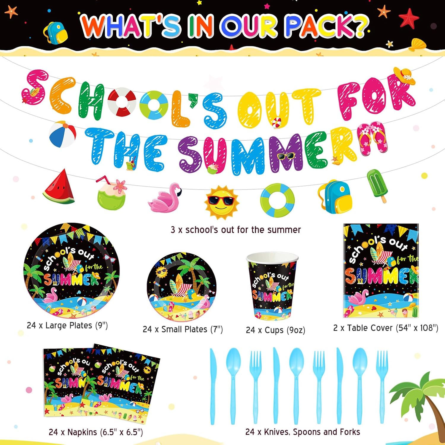 173 Pcs School's Out for Summer Party Supplies End of School Year Party Decorations Serve 24 Guests Include Plate Cup Napkin Tablecloth Banner Cutlery for Last Day of School 2026 Grad