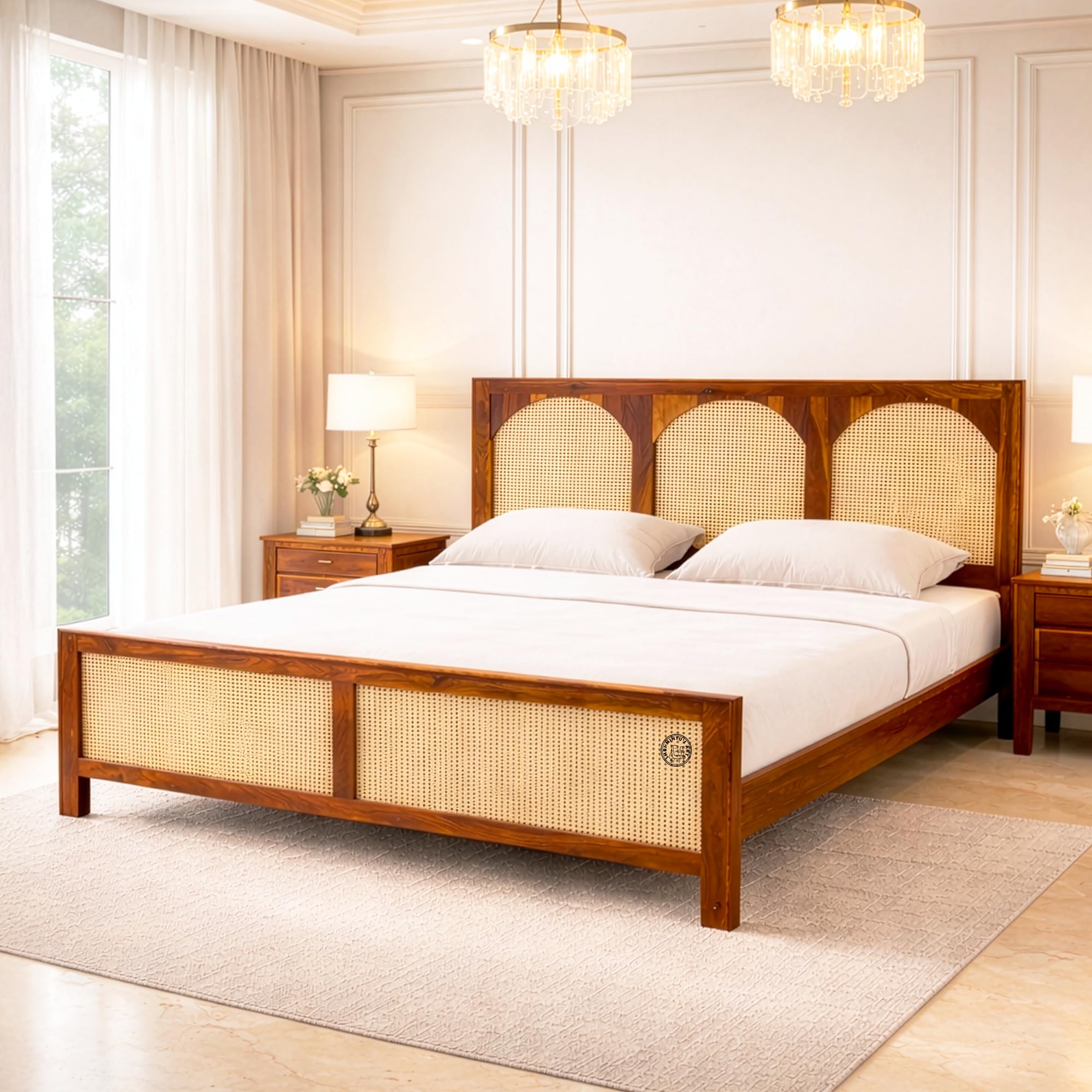 Wooden Cane Bed Frame with Rattan Panels | Solid Wood Platform Bed with Arched Headboard and Footboard | Bedroom Furniture Bed Structure for Mattress Support | 75 x 81 Inch Bed Frame-image-36