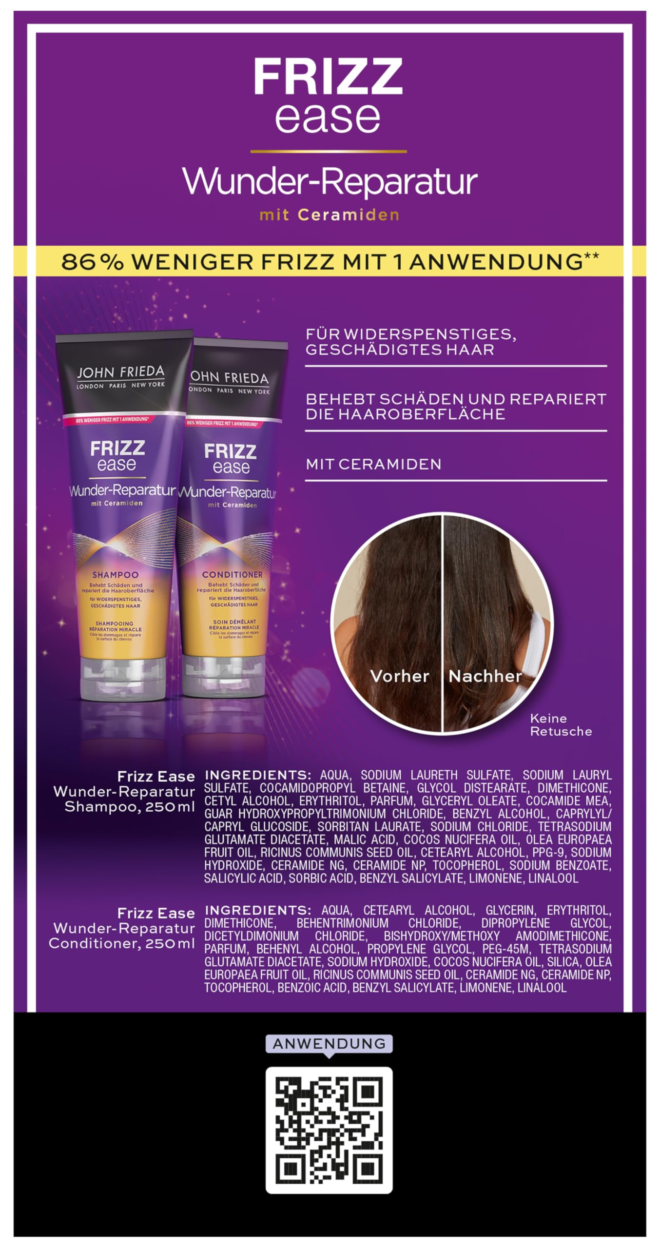 John Frieda Frizz Ease Wunder zestaw naprawczy – szampon, 250 ml i odżywka, 250 ml – typ włosów: niesforne, zniszczone, zniszczone, skręcone – naprawa i elastyczność